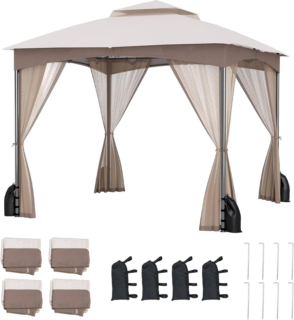 Tangkula 10x10 FT Outdoor Gazebo with Netting, Double Roof Patio Shelter with 4 Sandbags, Zippered Doors, Heavy-Duty Metal Frame, Metal Patio Gazebo for Yard Garden Lawn (Khaki)