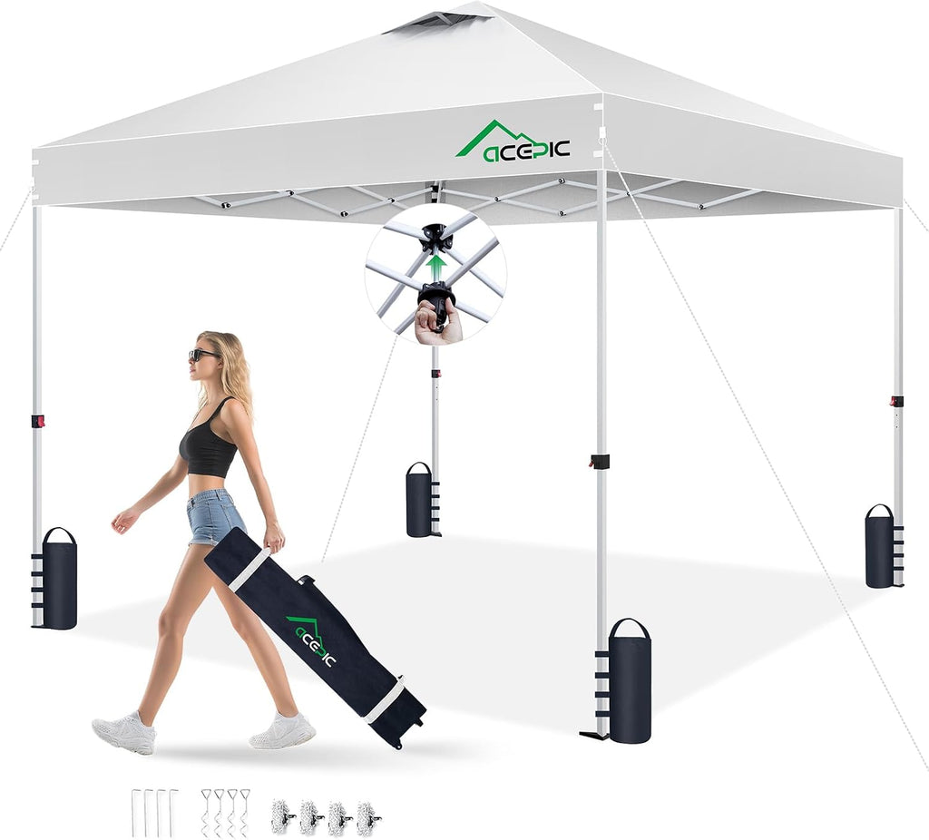 Acepic 10x10 Pop Up Canopy Tent, One Push Instant Outdoor Gazebo with Vented Top, Upgraded 300D Silver Coated Sun Shade for Parties Camping Vendor, Includes Wheeled Bag and 4 Sandbags, White