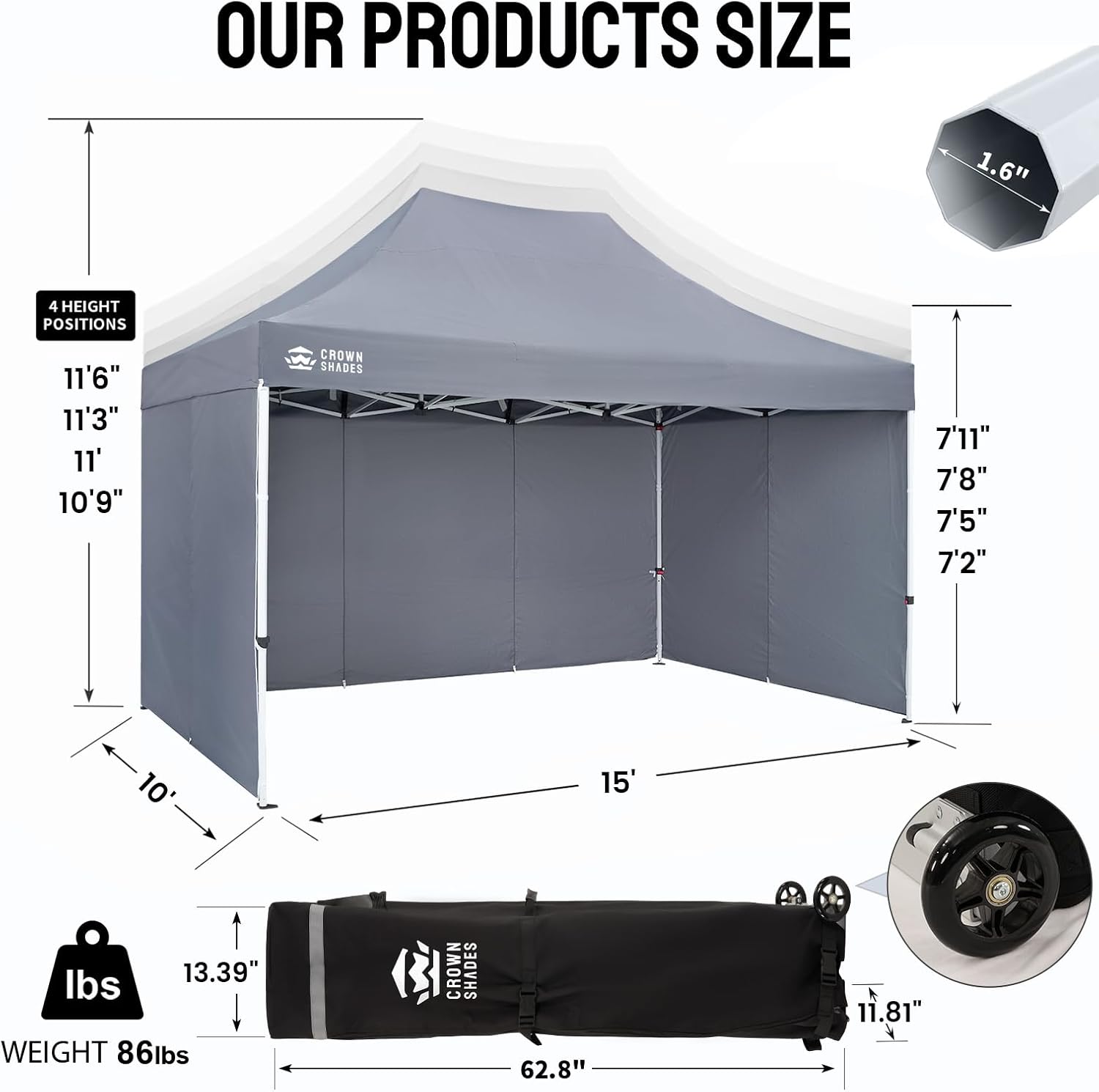 CROWN SHADES 10x15 Pop Up Canopy Tent, Thicken Frame Commercial Heavy Duty Tent with 4 Sidewalls 8 Stakes & 4 Sandbags & 4 Ropes, Outdoor Canopies for Events, Parties,Grey