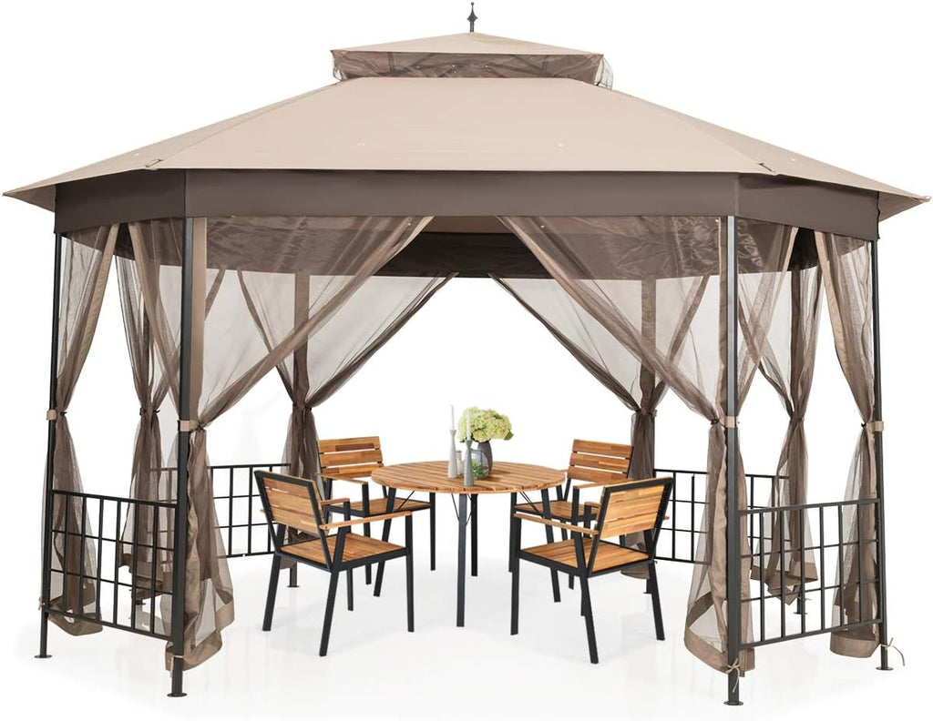Tangkula 10 x 12 Ft Patio Gazebo, Heavy Duty Octagonal Canopy with Netting Sidewalls & Sturdy Steel Frame, Double Roof Vented Shelter for Backyard Event Party BBQ (Brown)
