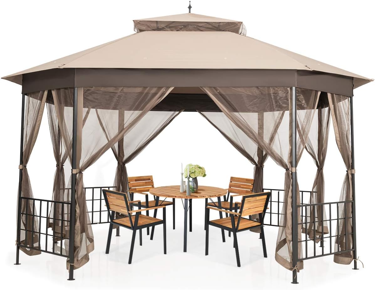 Tangkula 10 x 12 Ft Patio Gazebo, Heavy Duty Octagonal Canopy with Netting Sidewalls & Sturdy Steel Frame, Double Roof Vented Shelter for Backyard Event Party BBQ (Brown)