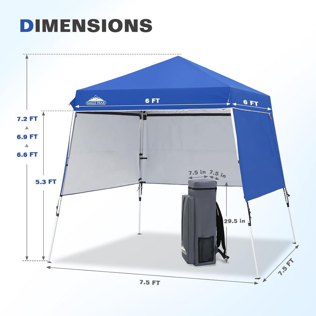 EAGLE PEAK Day Tripper 8x8 Aluminum Super-Lightweight Slant Leg Pop Up Canopy with 3 Removable Walls, Instant Outdoor Backpack Canopy Tent, Outside Beach Folding Sun Shelter, 8x8 Base 6x6 Top, Blue