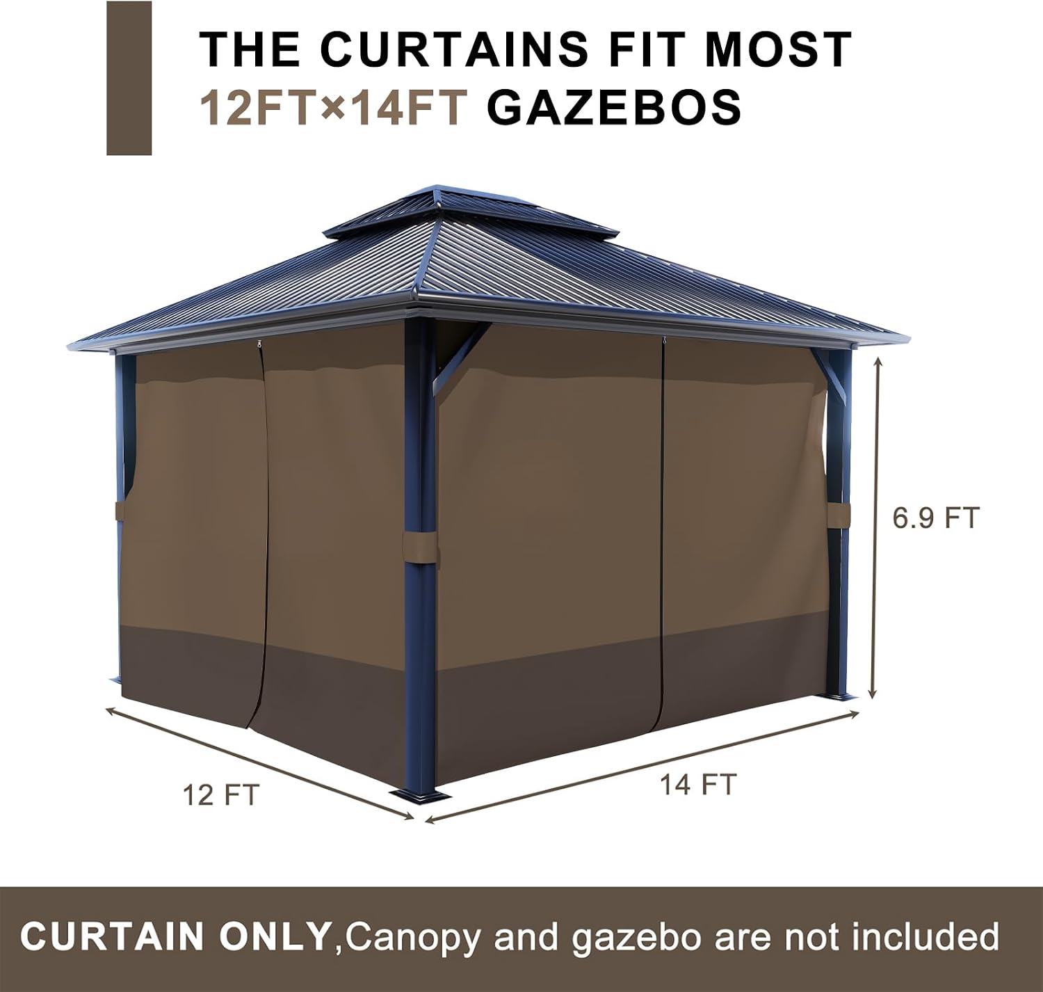 BPS 12' x 14' Gazebo Privacy Curtains with Double Zipper, 4-Panels Side Wall Universal Gazebo Side Panels Replacement for Patio, Outdoor Canopy, Garden and Backyard (Curtain Only)