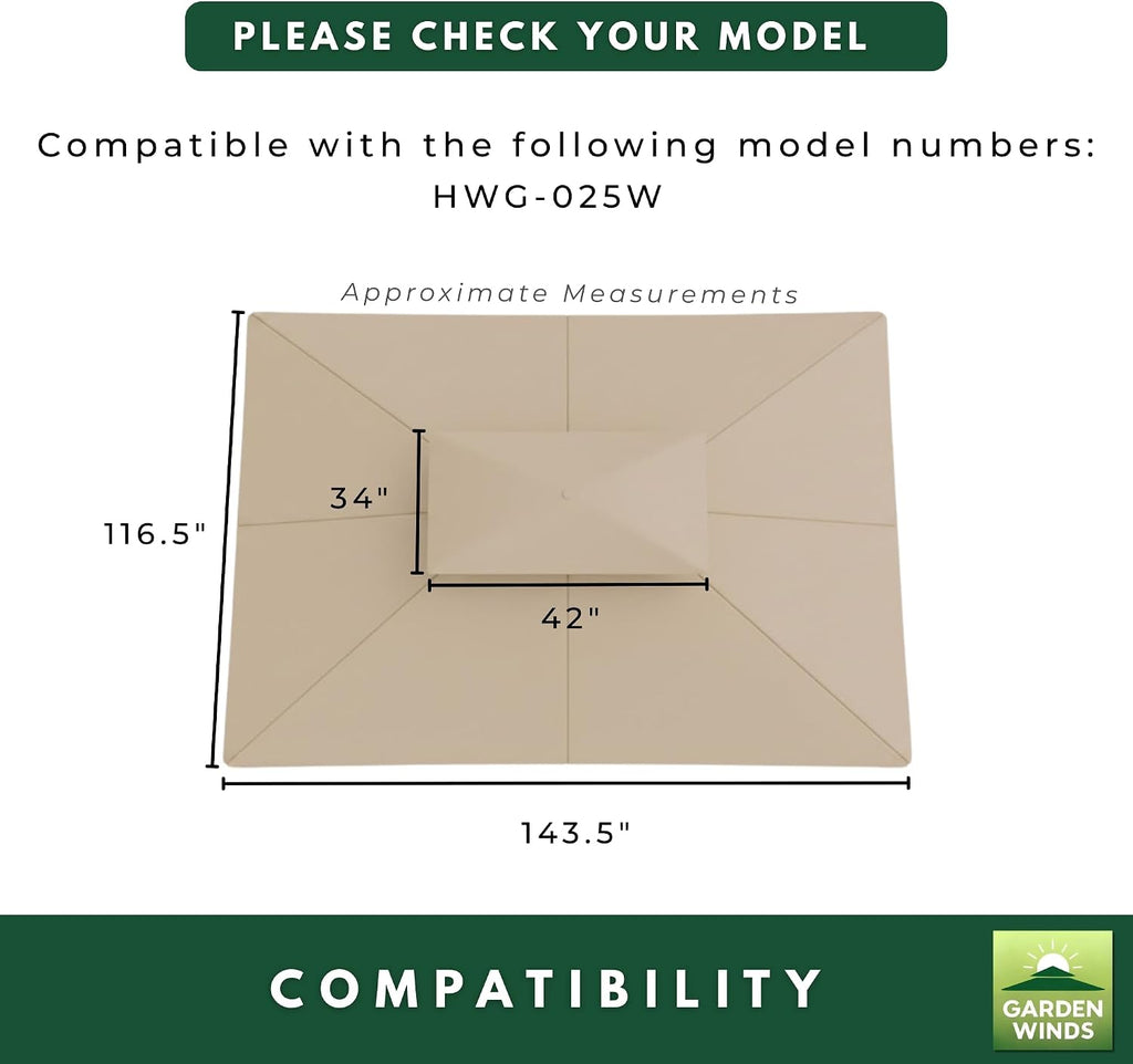 Garden Winds Reinforced RipLock 350 Replacement Canopy Top Cover Compatible with Erommy 10' x 12' Square Gazebo Model HWG-025W - Beige