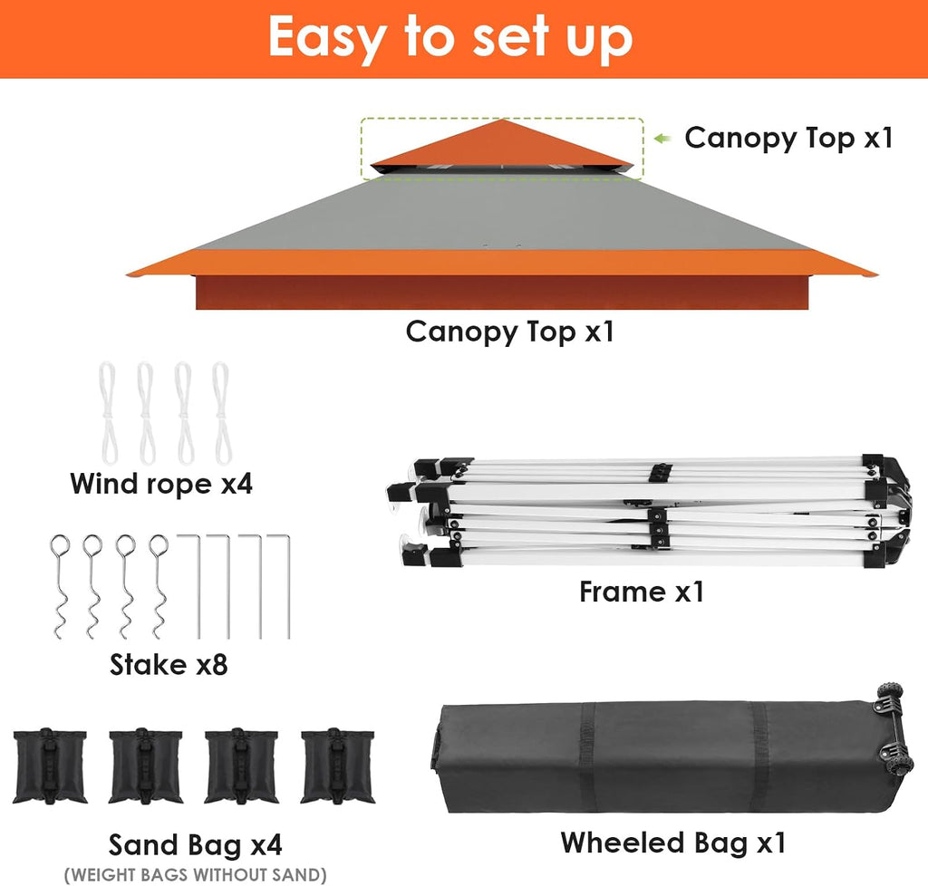 TLSUNNY 13X13 Pop Up Canopy Tent, Camping Shader W/Overhanging Eaves & Sand Bag, Outdoor Gazebo Shelter W/One Push Setup & Wheeled Bag, Height Adjustable, for Patio, Market, Party (Orange, 13FTX13FT)