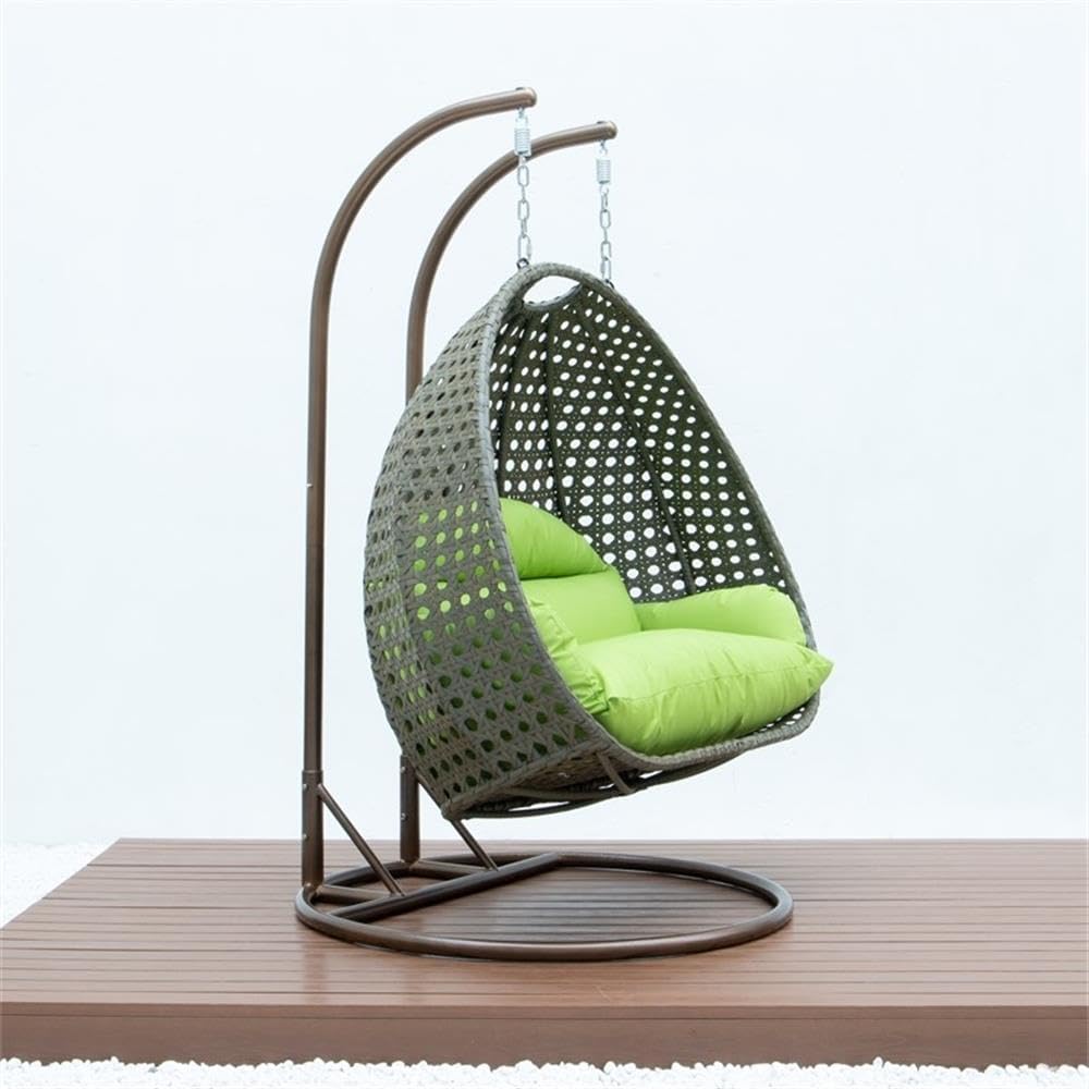 LeisureMod 2 Person Wicker Egg Chair Outdoor Indoor Bedroom Patio Hanging Lounge Swing Hammock Chairs with Beige Stand and UV Resistant Cushions (Light Green)