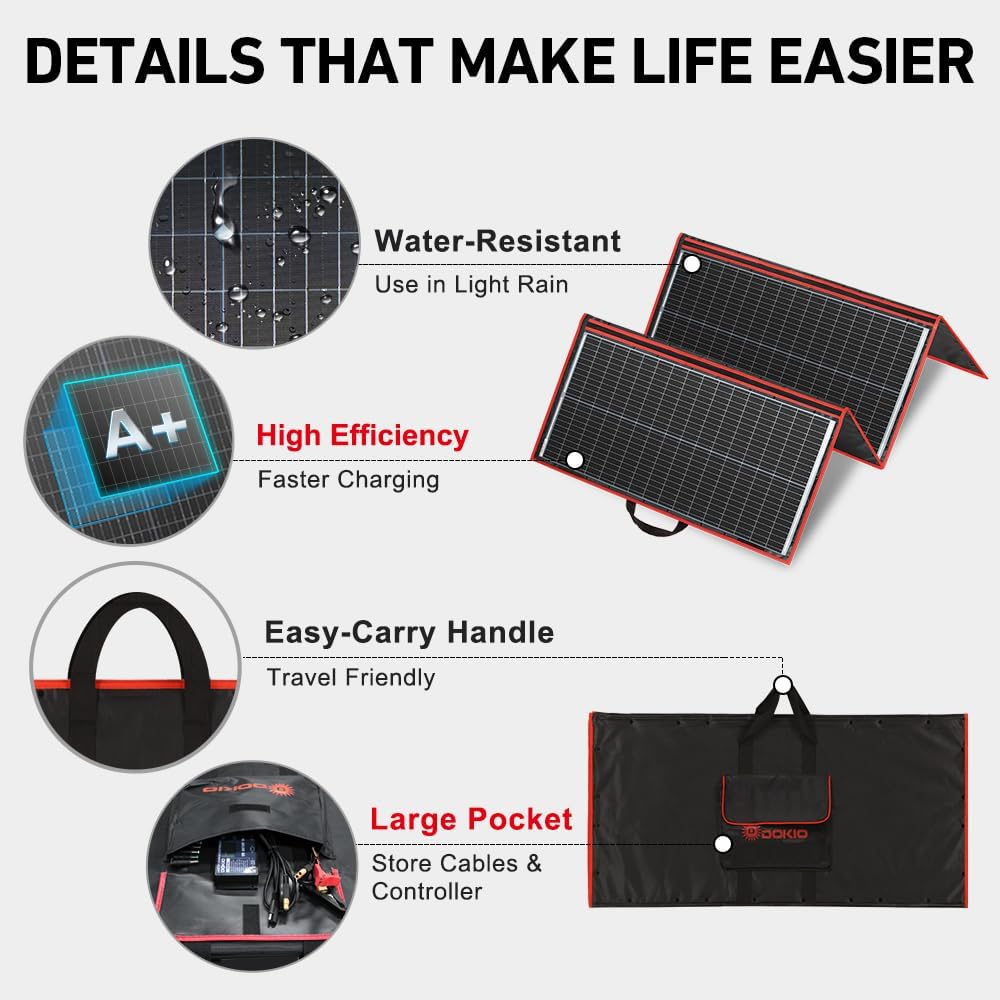 DOKIO 300W Portable Foldable Solar Panel Kit, Compact 19.3x37.4in Design 15.2lb with Standalone Controller and USB, Monocrystalline Charger for 12V Batteries, Power Stations, RV Camping Emergency Use