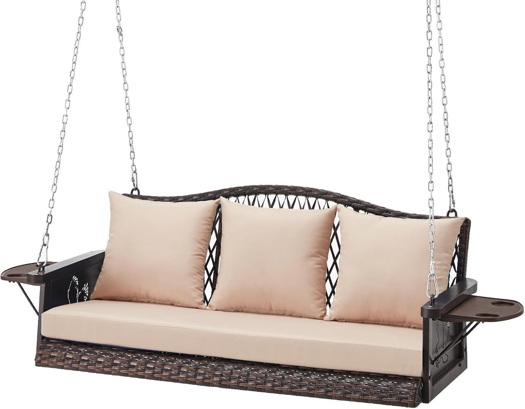 ZZW Upgraded Wicker Hanging Porch Swing Heavy Duty 900lbs 3-Seat Outdoor Patio Swing Chair Bench for Adult w/ 8.9ft Hanging Chains Cushions and Cup Holder