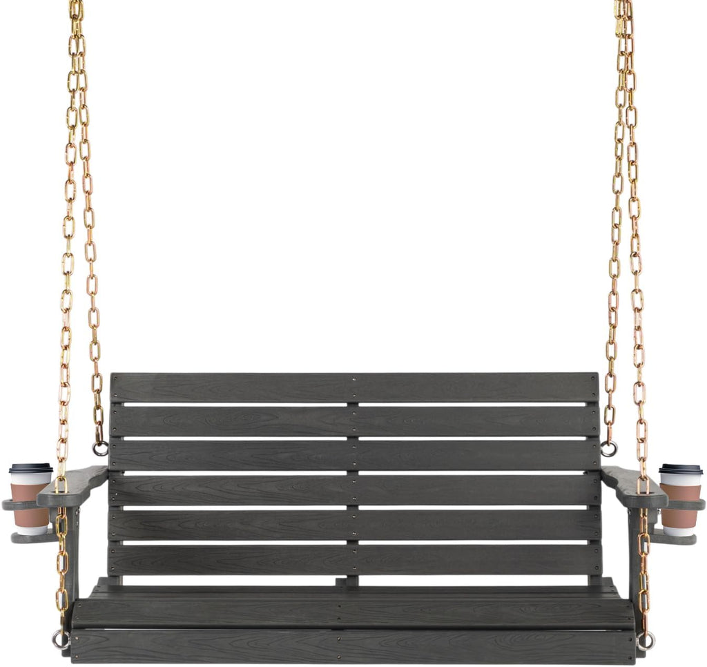 VINGLI Heavy Duty 1600 LBS HDPE Porch Swing Outdoor with Rotatable Cup Holder, 4 FT Patio Bench Swing with Adjustable Chains, 2 Person Hanging Porch Swing Chair for Porch, Yard, Tree, Garden - Grey