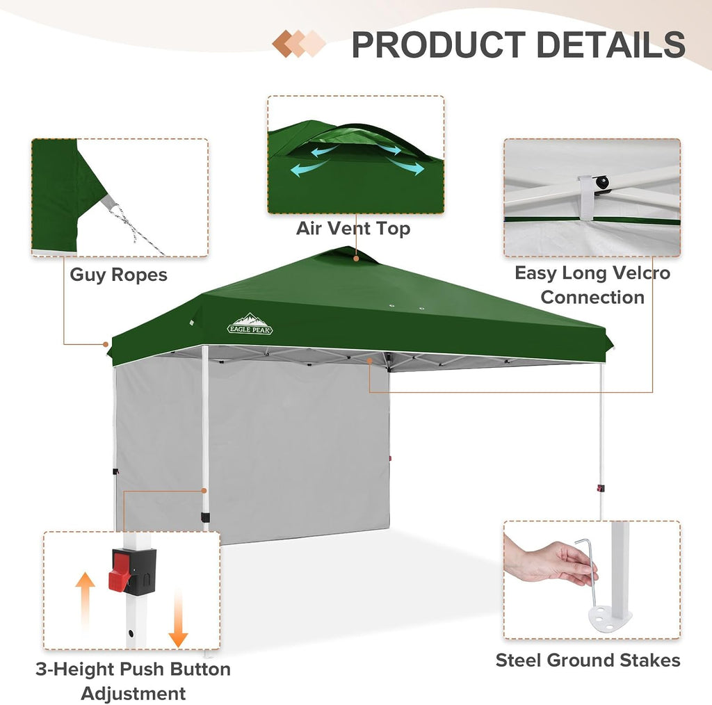 EAGLE PEAK Commercial Canopy 12x12 Pop Up Canopy Tent with 1 Sidewall, Easy Setup Heavy Duty Instant Event Shelter for Vendors & Markets, Outdoor Sun Shade, Green