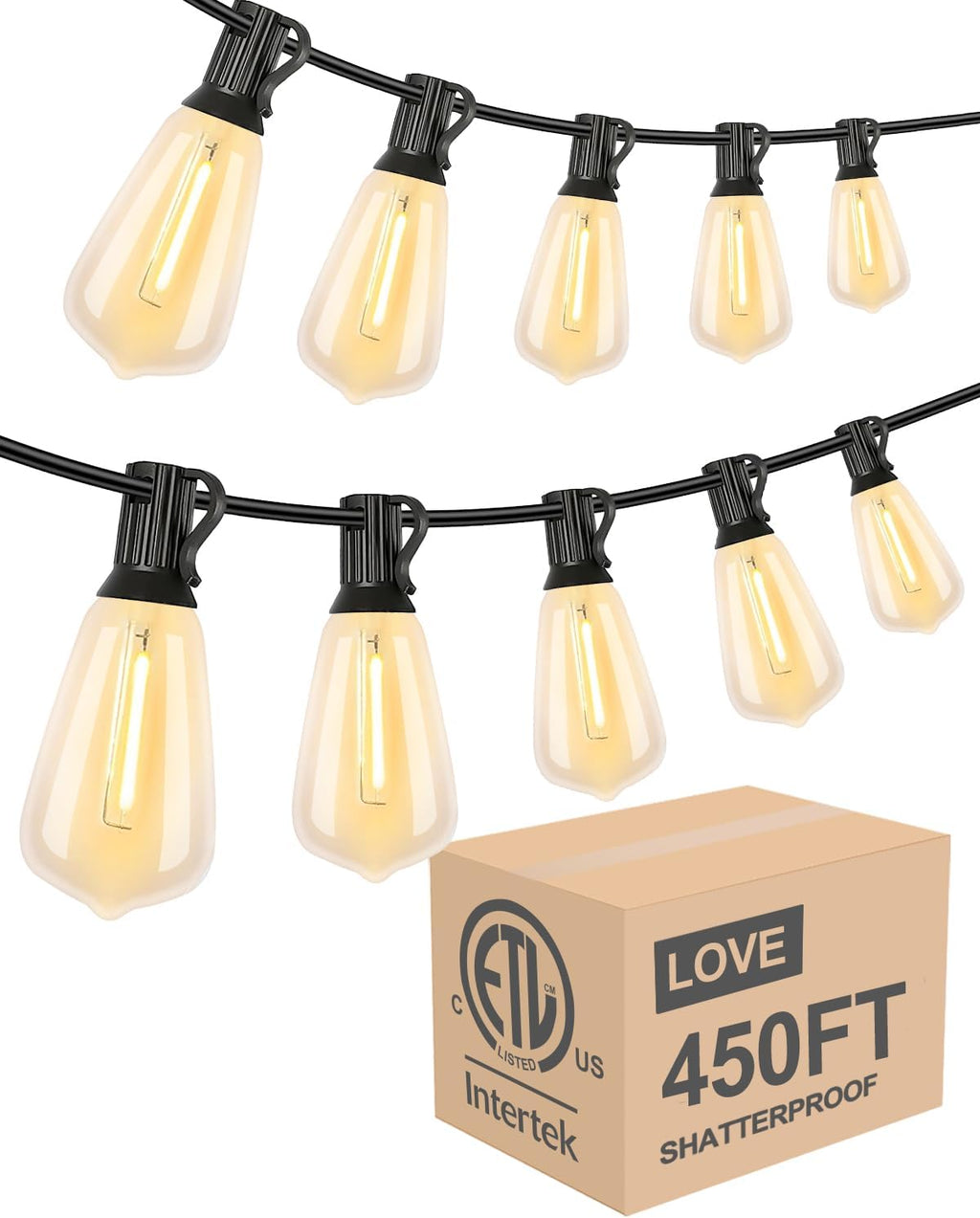 Lightdot 450FT Outdoor String Lights, LED Bistro String Lights with Shatterproof ST38 Bulbs, 2200K Dimmable, Waterproof Hanging Lights for Porch, Party, Garden, Backyard, Balcony