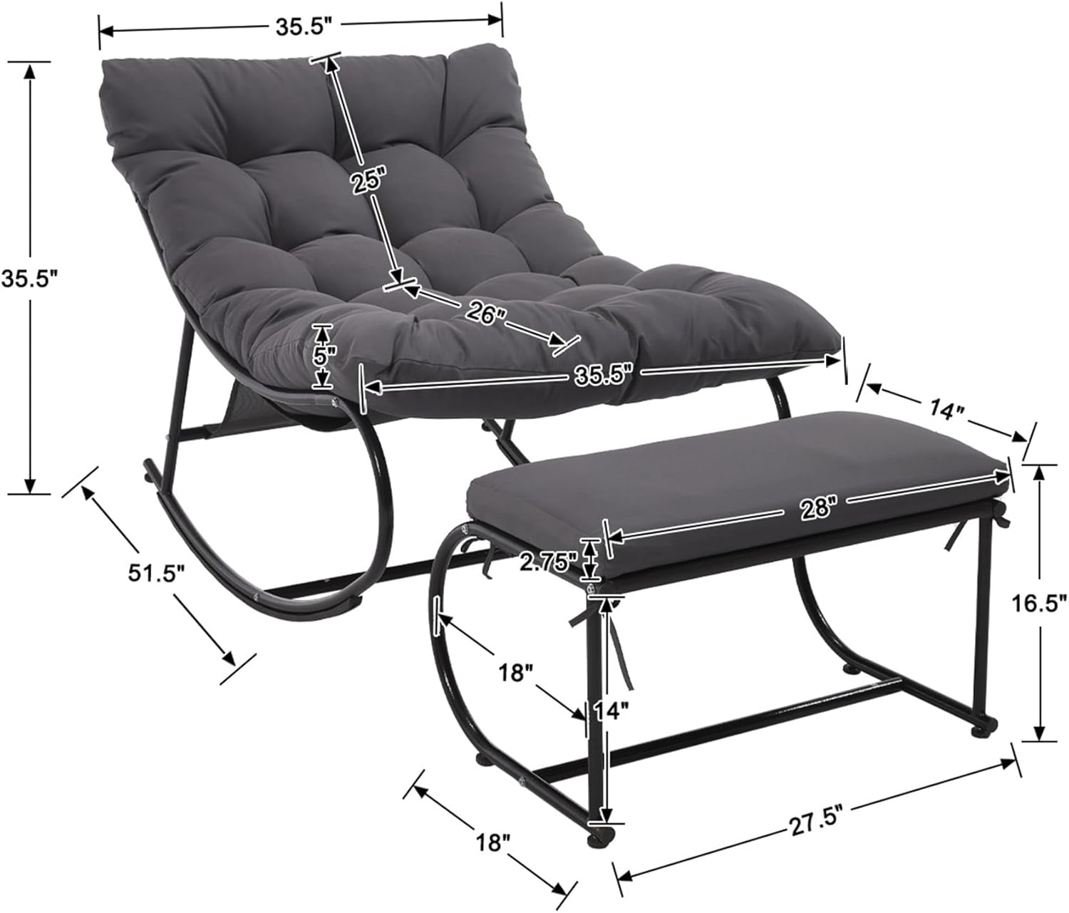 Upholstered Outdoor Rocking Chairs, Modern Patio Rocking Chair Set of 2 with Foot Rest, Sturdy Metal Papasan Rocking Chair, Cozy Rockings Recliner Chair for Bedroom/Living Room/Lawn, Gray