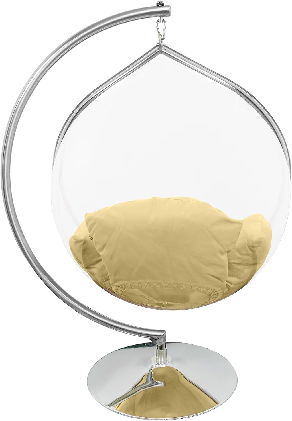 Hanging Chair - Transparent Acrylic Bubble, Waterdrop Shape, Indoor Swing Chair with Gold/Chrome Stand, Durable Fabric Cushion - Luxury Accent for Living Room, Bedroom (Chrome/Beige)