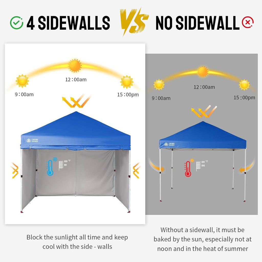 CROWN SHADES 10X10 Commercial Instant Canopy Pop Up Tent with Center Lock, 300D Fabric, 4 Sidewalls, Sto'N Go Bag, Blue