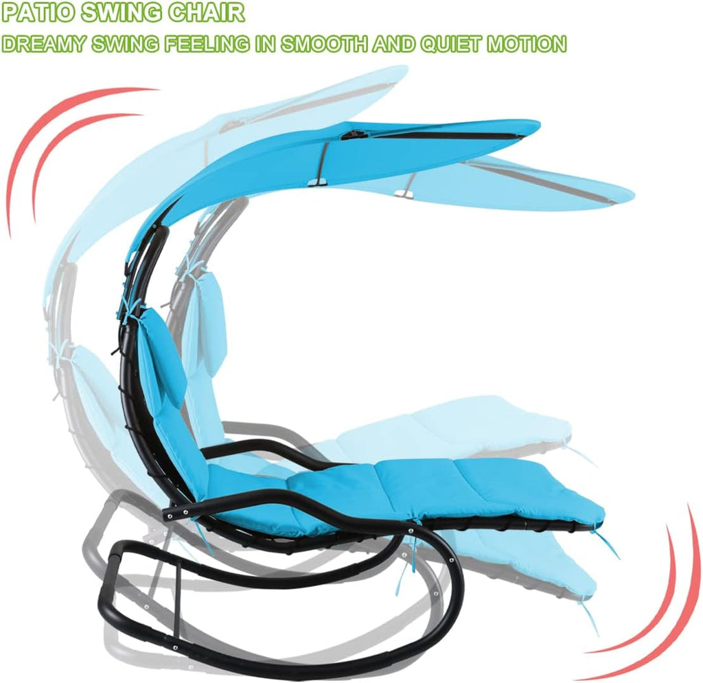 Outdoor Hammock Rocking Chaise Lounge Swing Chair, with Stand and Canopy, Porch Swing w/Soft Cushion Removable Headrest, Outdoor Recliner Rocking Chair for Garden Backyard Poolside (Blue)