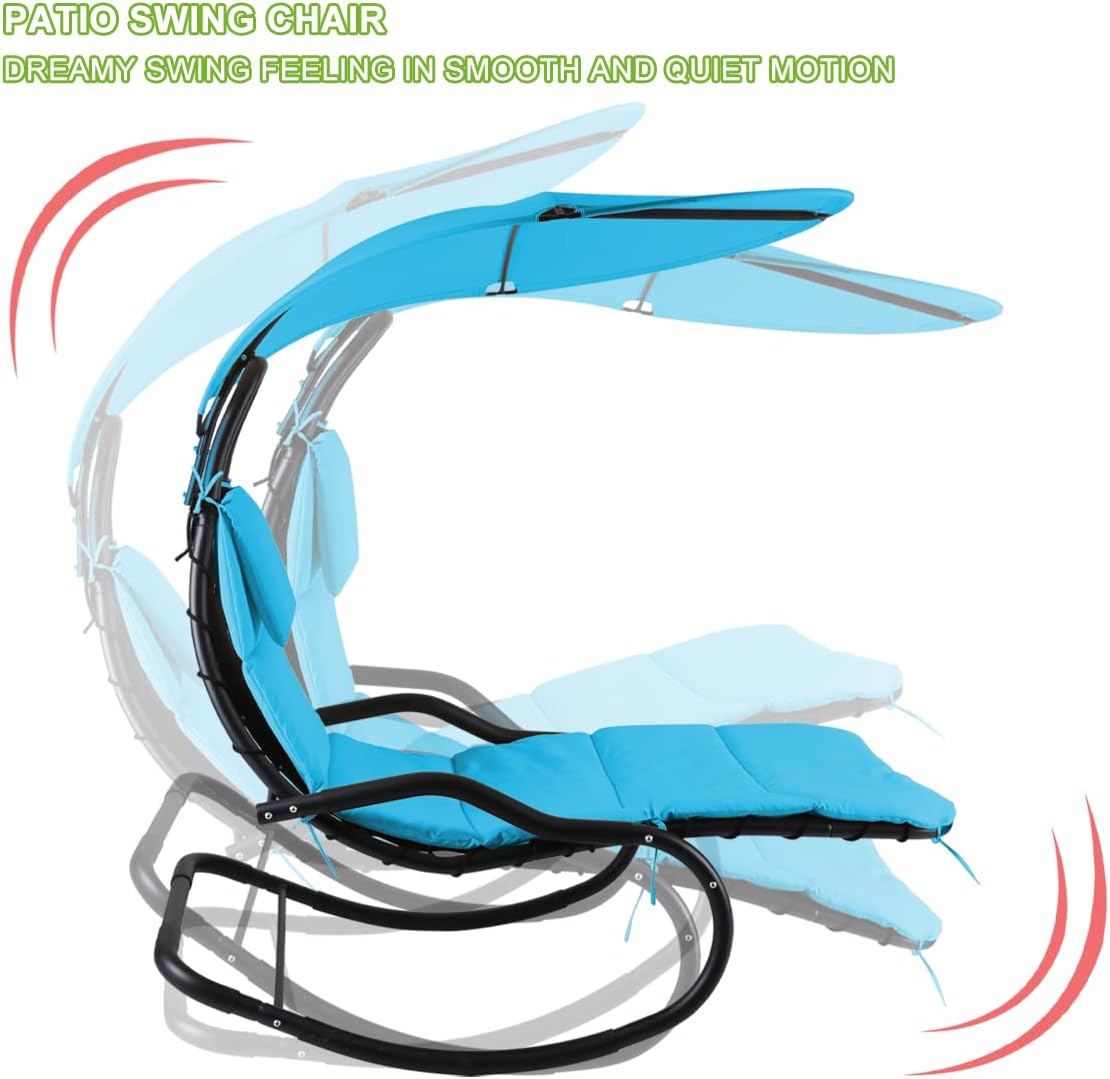 Outdoor Hammock Rocking Chaise Lounge Swing Chair, with Stand and Canopy, Porch Swing w/Soft Cushion Removable Headrest, Outdoor Recliner Rocking Chair for Garden Backyard Poolside (Blue)