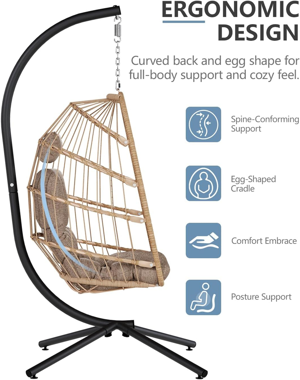 SWITTE Egg Chair Outdoor with Stand, Indoor Wicker Hanging Egg Swing Chair with Cushion, 350lbs Capacity for Patio, Bedroom, Garden - Cream