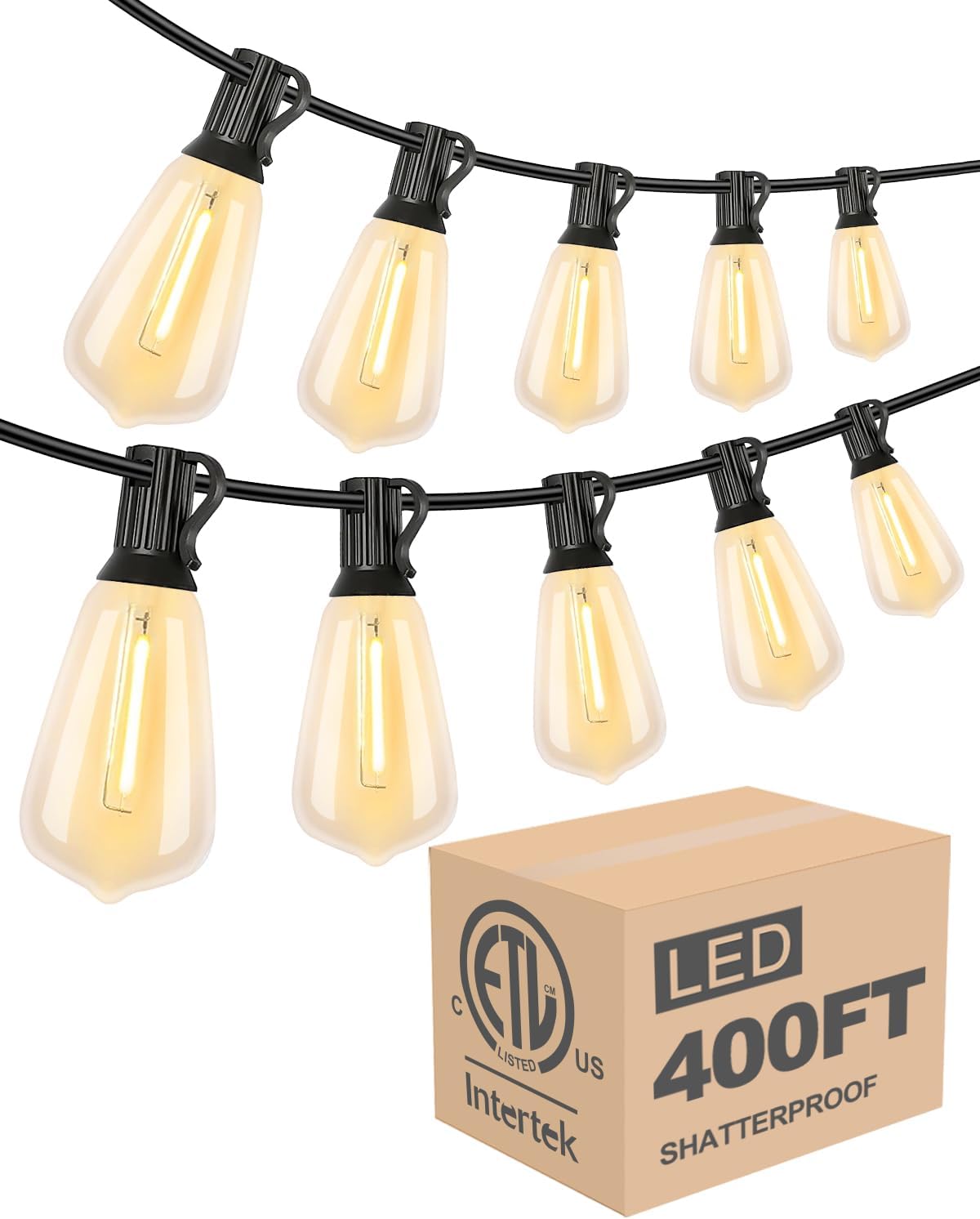 Lightdot LED Outdoor String Lights 400FT Patio Lights with 128 Shatterproof ST38 Vintage Edison Bulbs, Outside Hanging Light Waterproof for Porch, Deck, Garden, Backyard, Balcony, Dimmable- ETL Listed