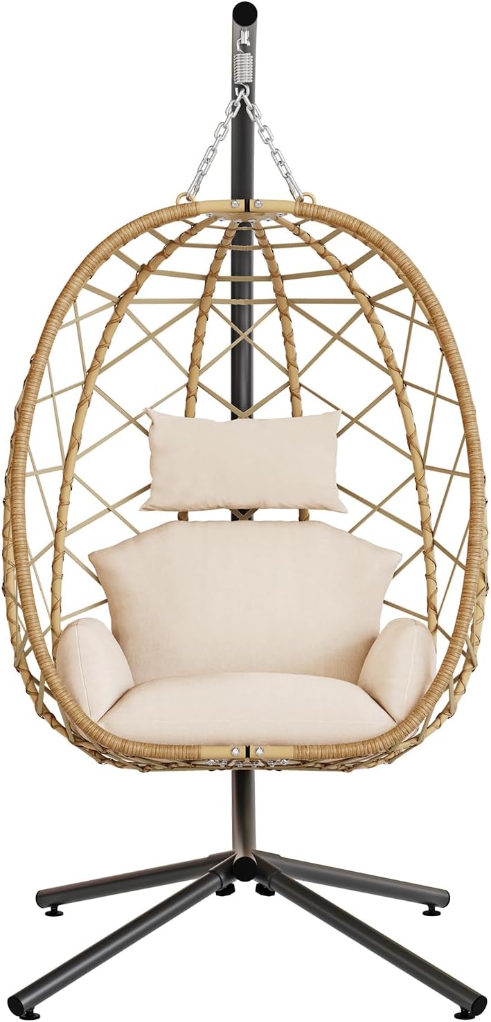 SWITTE Hanging Egg Chair with Stand, Outdoor Indoor Rattan Wicker Egg Swing Chair with Cushion, Heavy Duty Patio Hammock Chairs for Garden Backyard Balcony Bedroom, 400LBS Capacity, Cream