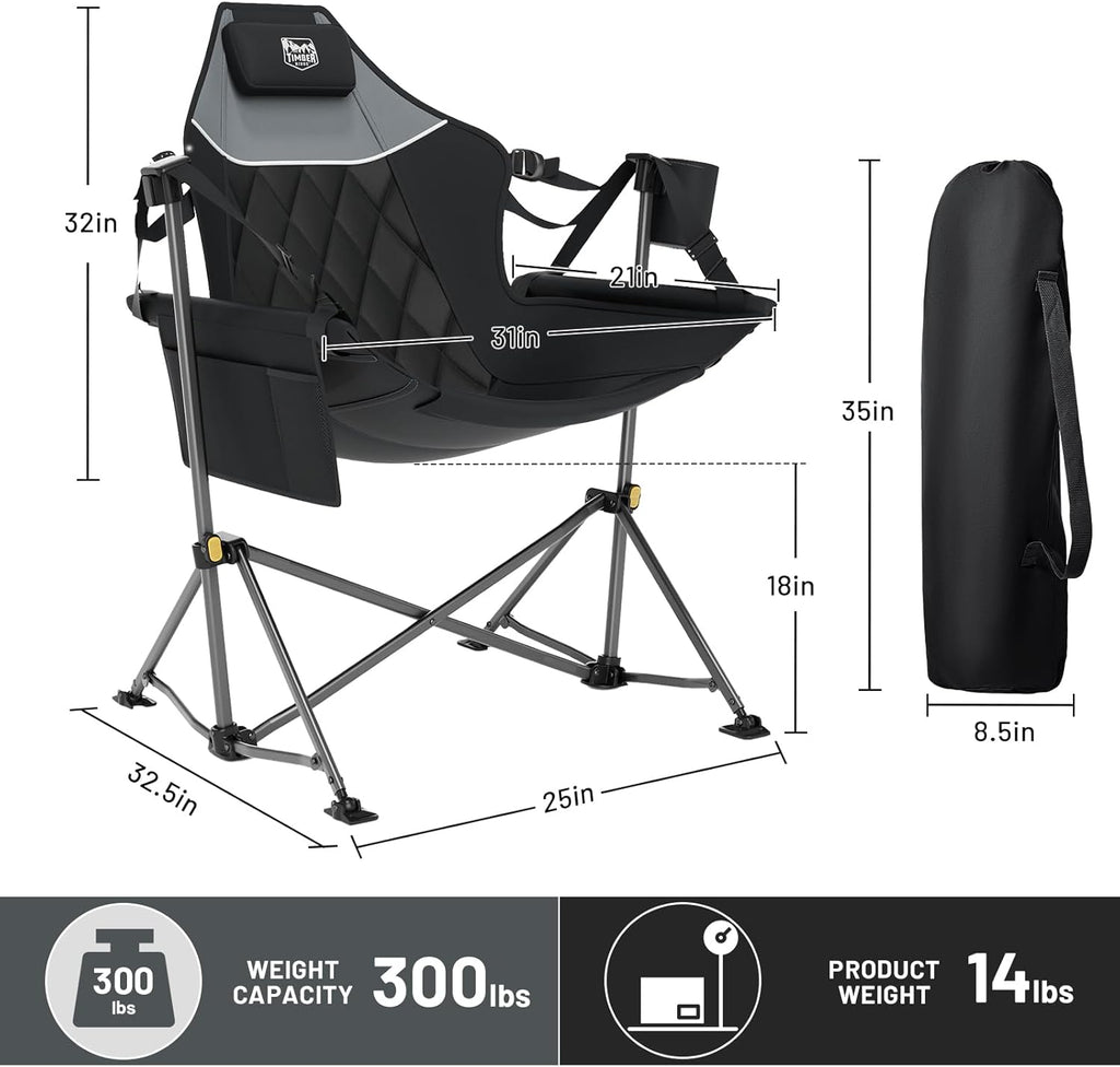 TIMBER RIDGE Hammock Camping Chair with Adjustable Backrest, Heavy Duty Folding Hammock Chair Supports 300lbs, Portable Hammock Chair for Camping, Travelling and Patio, Black 2 Pack