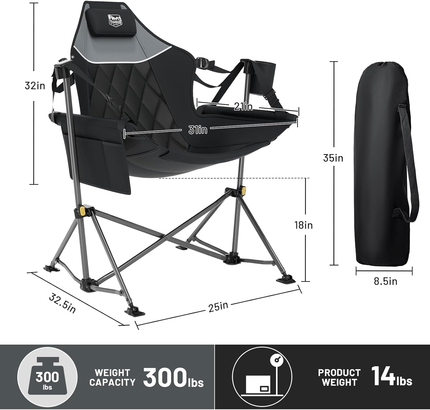 TIMBER RIDGE Hammock Camping Chair with Adjustable Backrest, Heavy Duty Folding Hammock Chair Supports 300lbs, Portable Hammock Chair for Camping, Travelling and Patio, Black 2 Pack