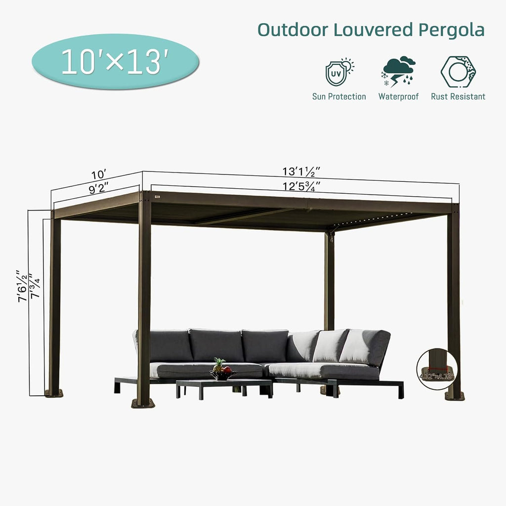 Domi 10x13FT Louvered Pergola Aluminum Structure Outdoor Pergola with Adjustable Roof Patio Pergola for Backyard Garden, Curtains and Netting, Dark Brown