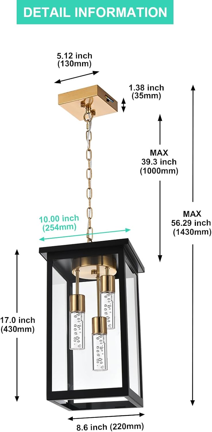Yaohong 17' Large 5CCT LED Outdoor Pendant Light, 3-Lights Modern Black and Brushed Brass Hanging Ceiling Fixture with Acrylic Column & Clear Glass, Weatherproof Chandelier for Porch Gazebo