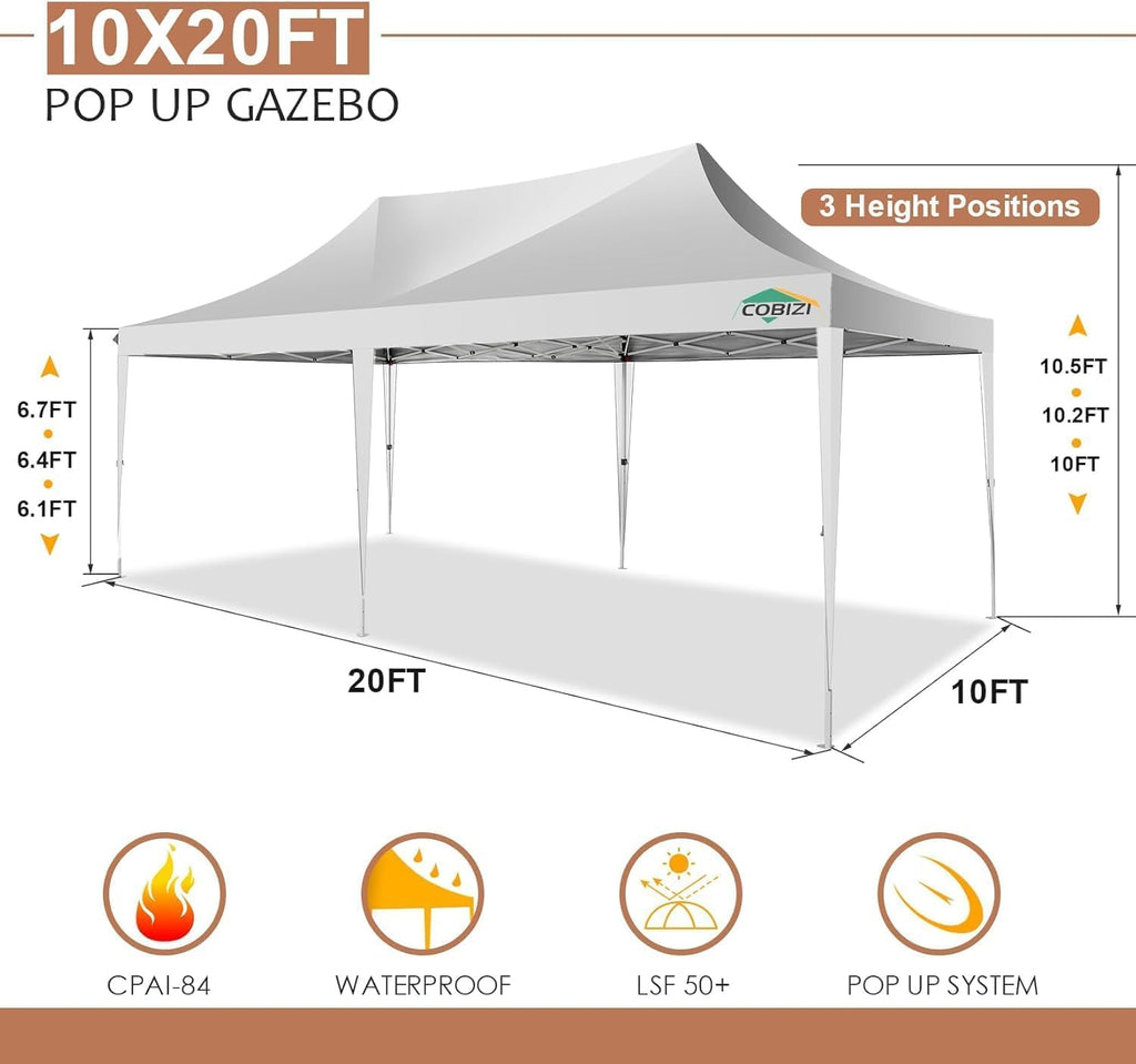 COBIZI 10x20 Pop Up Canopy with 6 Sidewalls,10x20 Canopy Tent Frame Upgraded with 3 Adjustable Heights,Waterproof UV50+ Outdoor Party Commercial Ez Up Gazebos with Carry Bag(10 x 20 ft White)