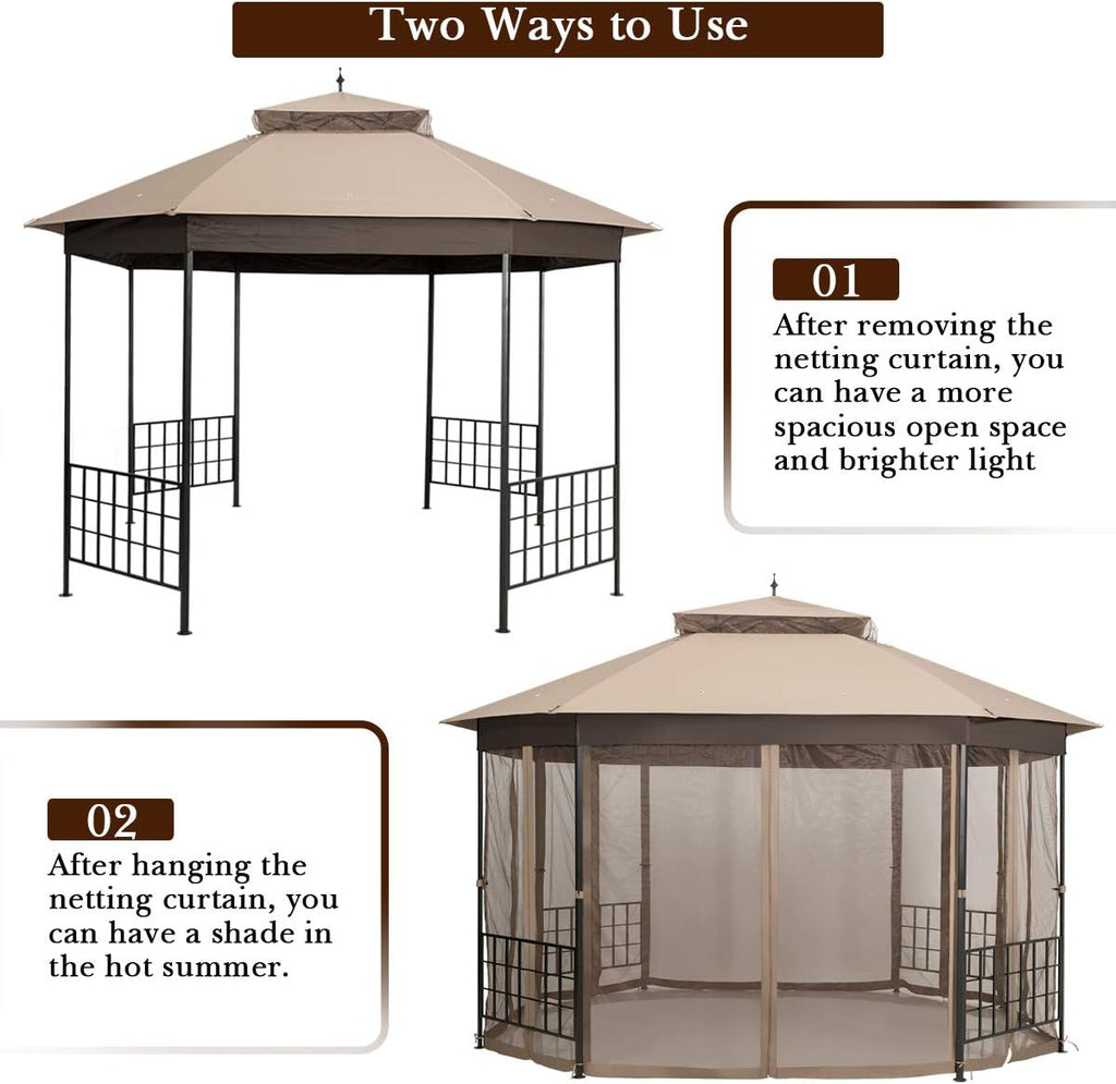 Tangkula 10 x 12 Ft Patio Gazebo, Heavy Duty Octagonal Canopy with Netting Sidewalls & Sturdy Steel Frame, Double Roof Vented Shelter for Backyard Event Party BBQ (Brown)