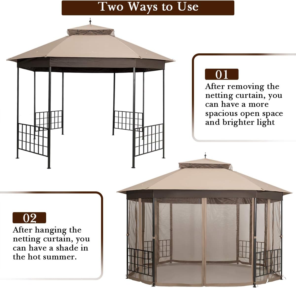 Tangkula 10 x 12 Ft Patio Gazebo, Heavy Duty Octagonal Canopy with Netting Sidewalls & Sturdy Steel Frame, Double Roof Vented Shelter for Backyard Event Party BBQ (Brown)