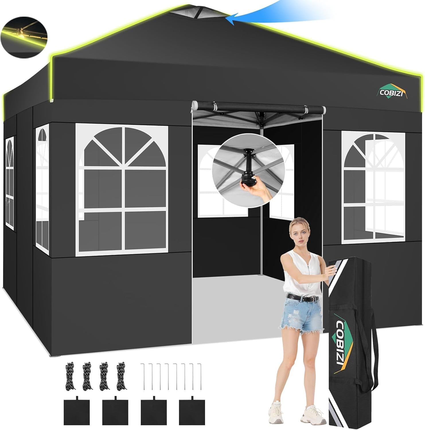 COBIZI 10x10 Pop Up Canopy Tent, Outdoor Party Tent with 4 Sidewall One Push Setup Glow, 3 Adjustable Height Air Vent Waterproof UPF50+, Bag, 4 Sandbag, 8 Stake, 4 Rope for Beach, Commercial