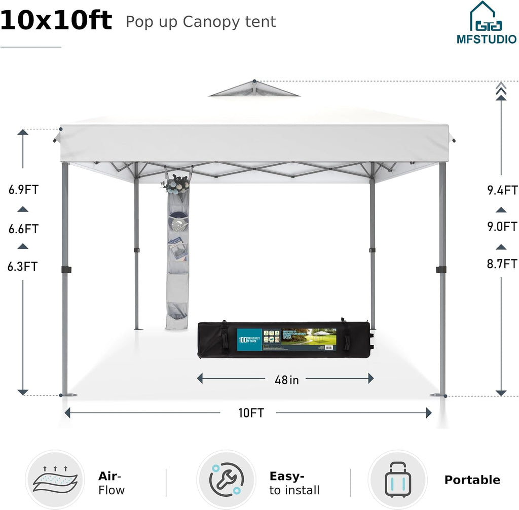 MFSTUDIO 10x10 Pop up Canopy Tent, Gazebo Shelter Sun Shade Canopies One Push Setup Portable Popup Easy Set up Tents with Vented Top,Storage,4 Sandbags,for Beach,Parties,Camping