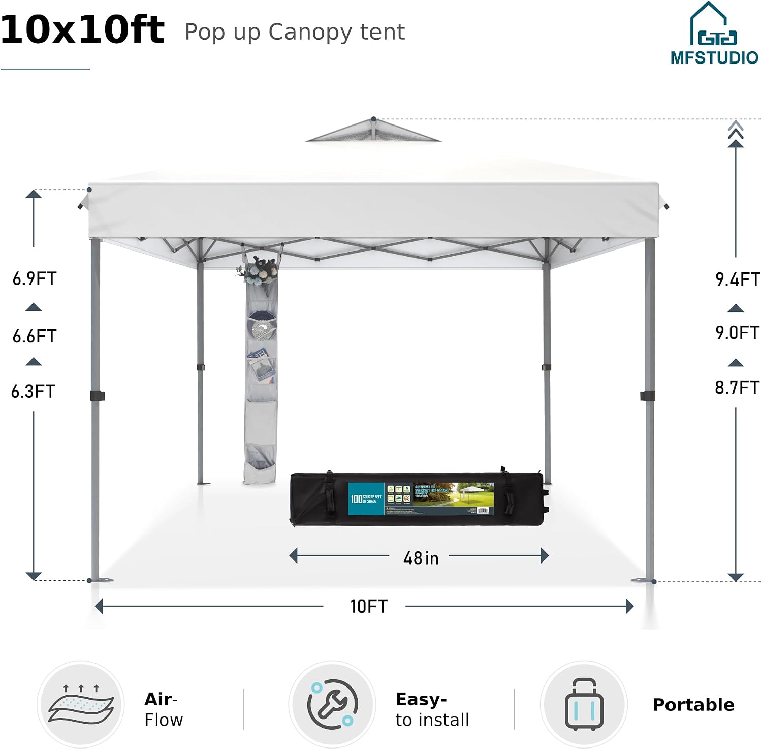 MFSTUDIO 10x10 Pop up Canopy Tent, Gazebo Shelter Sun Shade Canopies One Push Setup Portable Popup Easy Set up Tents with Vented Top,Storage,4 Sandbags,for Beach,Parties,Camping