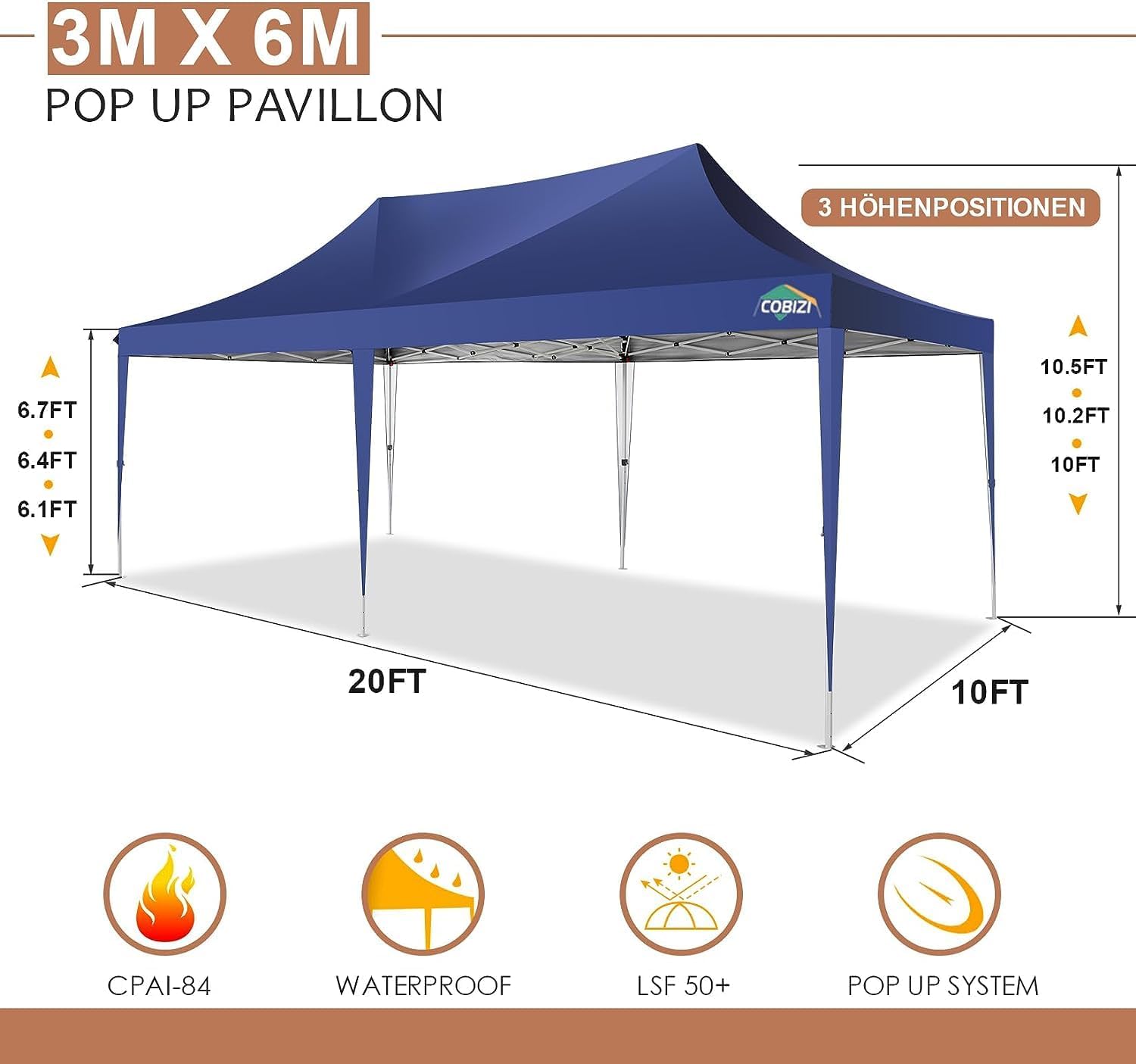 COBIZI 10x20 Pop up Canopy Tent with 6 Sidewalls, Easy Set up Canopy Tents Gazebos for Parties with Metal Frame, Waterproof & UV50+, Height Adjustable, Potable Carry Bag Included (Dark Blue)