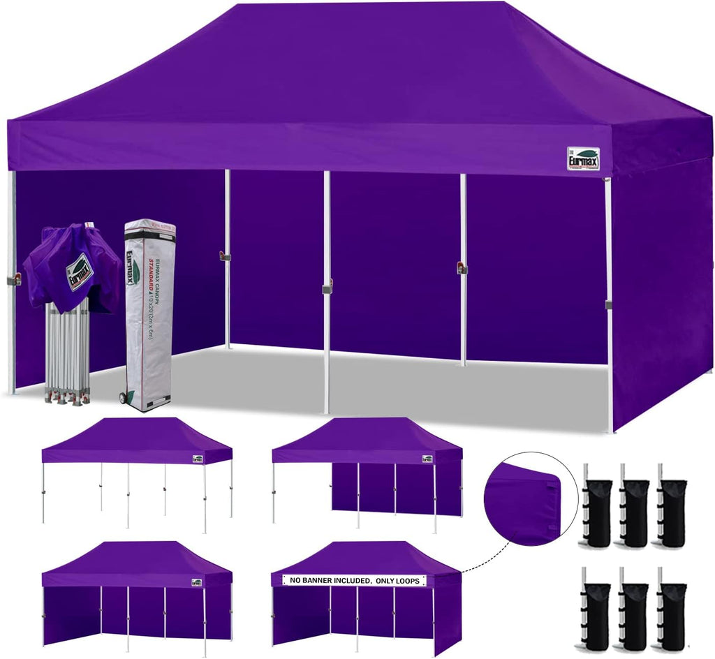 Eurmax USA 10x20 Pop Up Canopy Tent,Commercial Tent with Patented No-Tip Rolling Bag,4 Zippered Removable Walls,UV & Water Resistant Canopy Top,Heavy Duty Outdoor Gazebo,Instant Shelter(Purple)