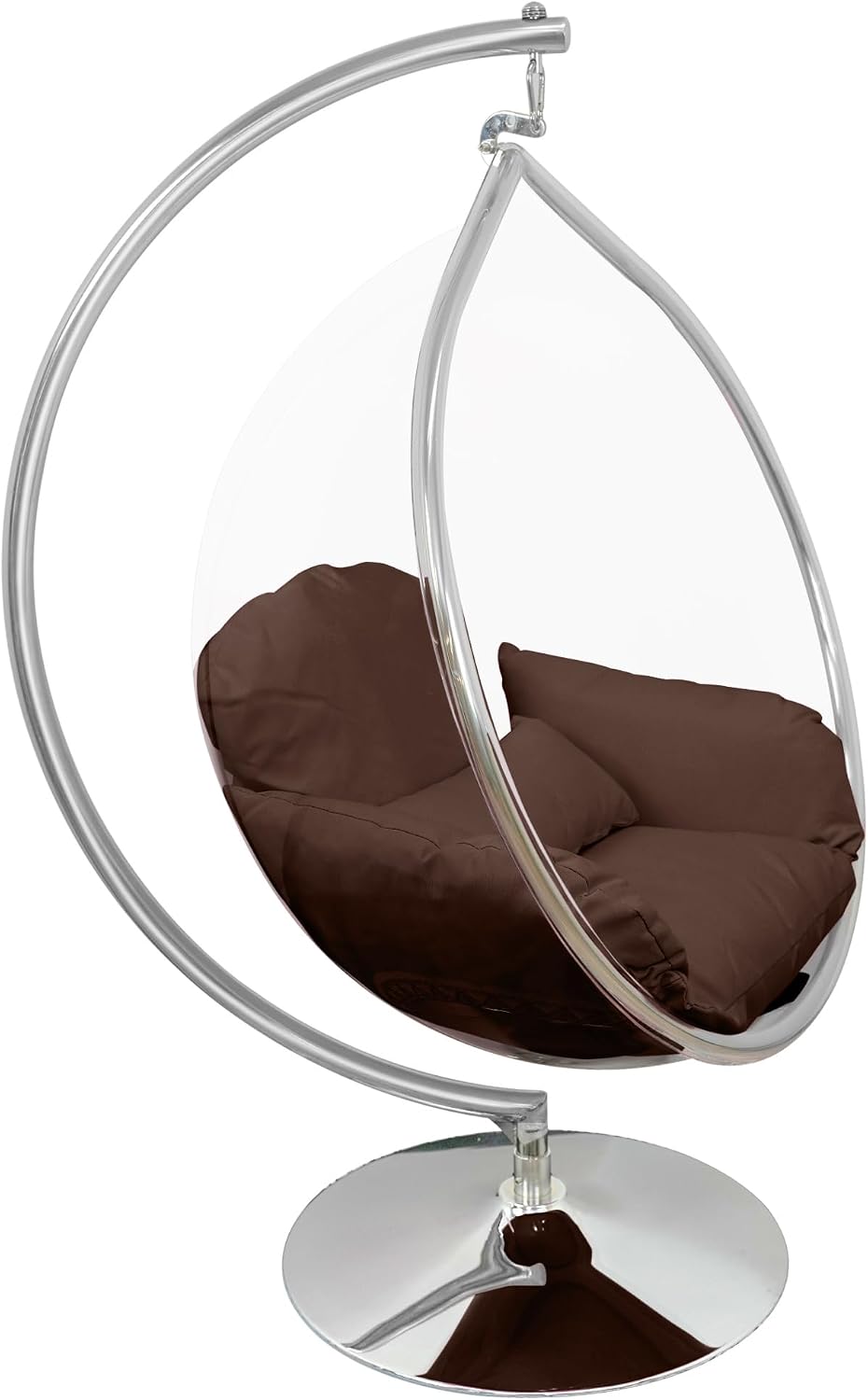 Hanging Chair - Transparent Acrylic Bubble, Waterdrop Shape, Indoor Swing Chair with Gold/Chrome Stand, Durable Fabric Cushion - Luxury Accent for Living Room, Bedroom (Chrome/DarkCoffee)