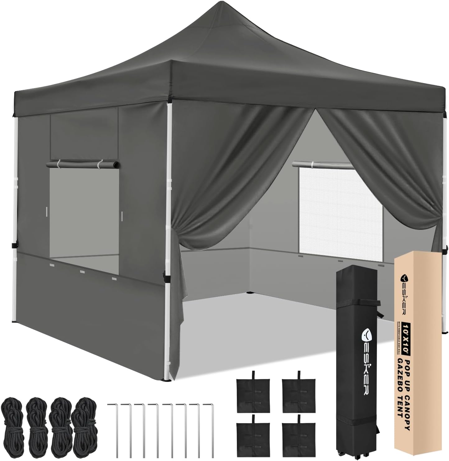 Yesker 10x10 Pop Up Canopy Tent with 4 Sidewalls Portable Folding Outdoor Canopy Easy Setup Gazebo Waterproof Instant Popup Shelter Tent w Wheeled Carry Bag sandbags for Events Parties Camping, Gray