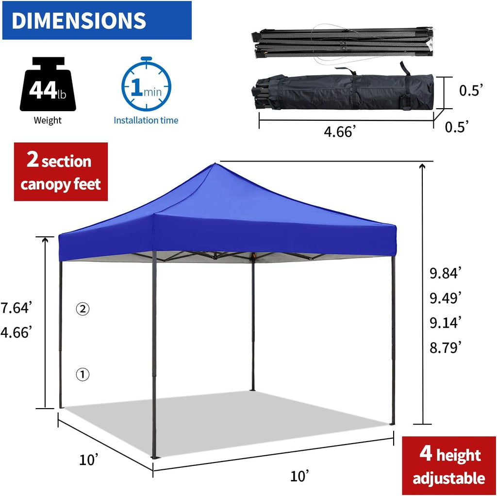 10x10 Pop up Canopy Tent with Awning Easy up Canopy with Wheel Bag Heavy Duty Waterproof Canopy Commercial Gazebo Tent for Outdoors Parties Vendors (Blue)