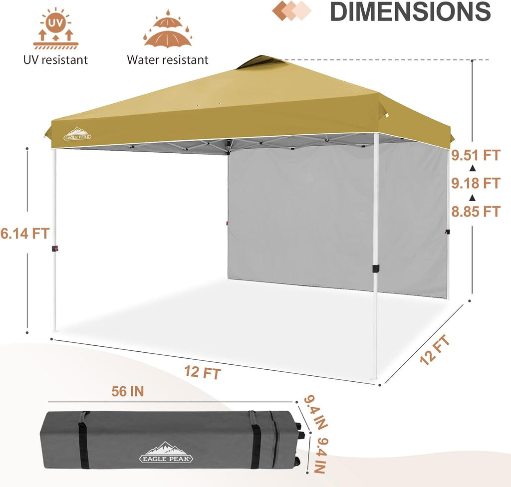 EAGLE PEAK Commercial Canopy 12x12 Pop Up Canopy Tent with 1 Sidewall, Easy Setup Heavy Duty Instant Event Shelter for Vendors & Markets, Outdoor Sun Shade, Beige