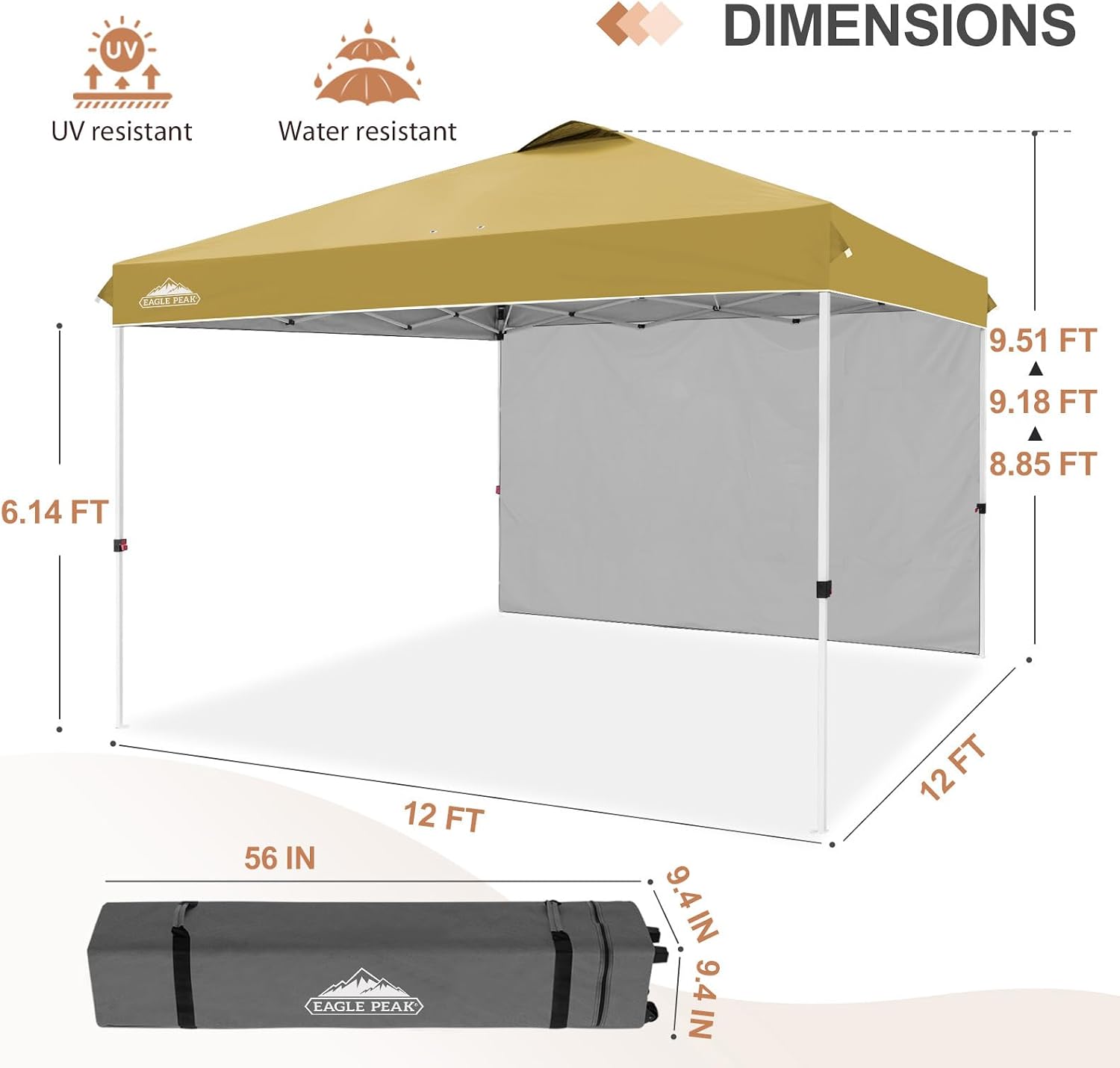 EAGLE PEAK Commercial Canopy 12x12 Pop Up Canopy Tent with 1 Sidewall, Easy Setup Heavy Duty Instant Event Shelter for Vendors & Markets, Outdoor Sun Shade, Beige
