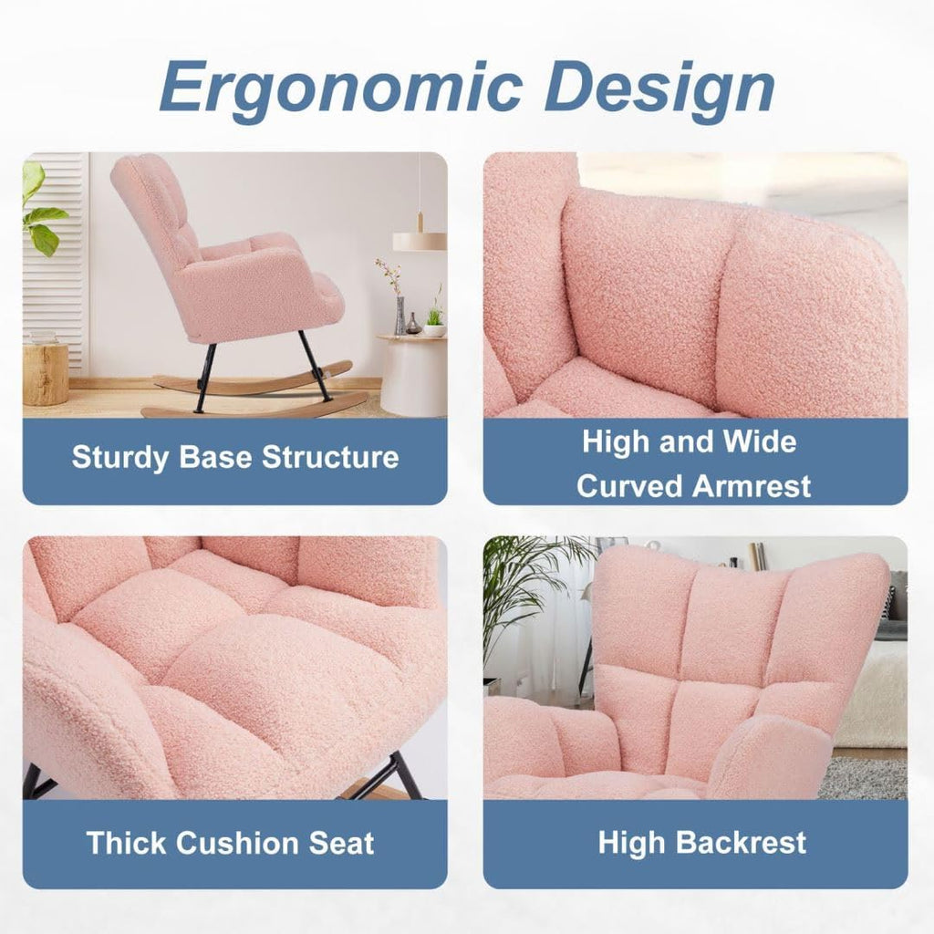Nursery Rocking Chair, Boho Accent Ottoman, Teddy Upholstered Glider Rocker Accent Chair with High Backrest for Living Room, Small Spaces, Bedroom, Pink