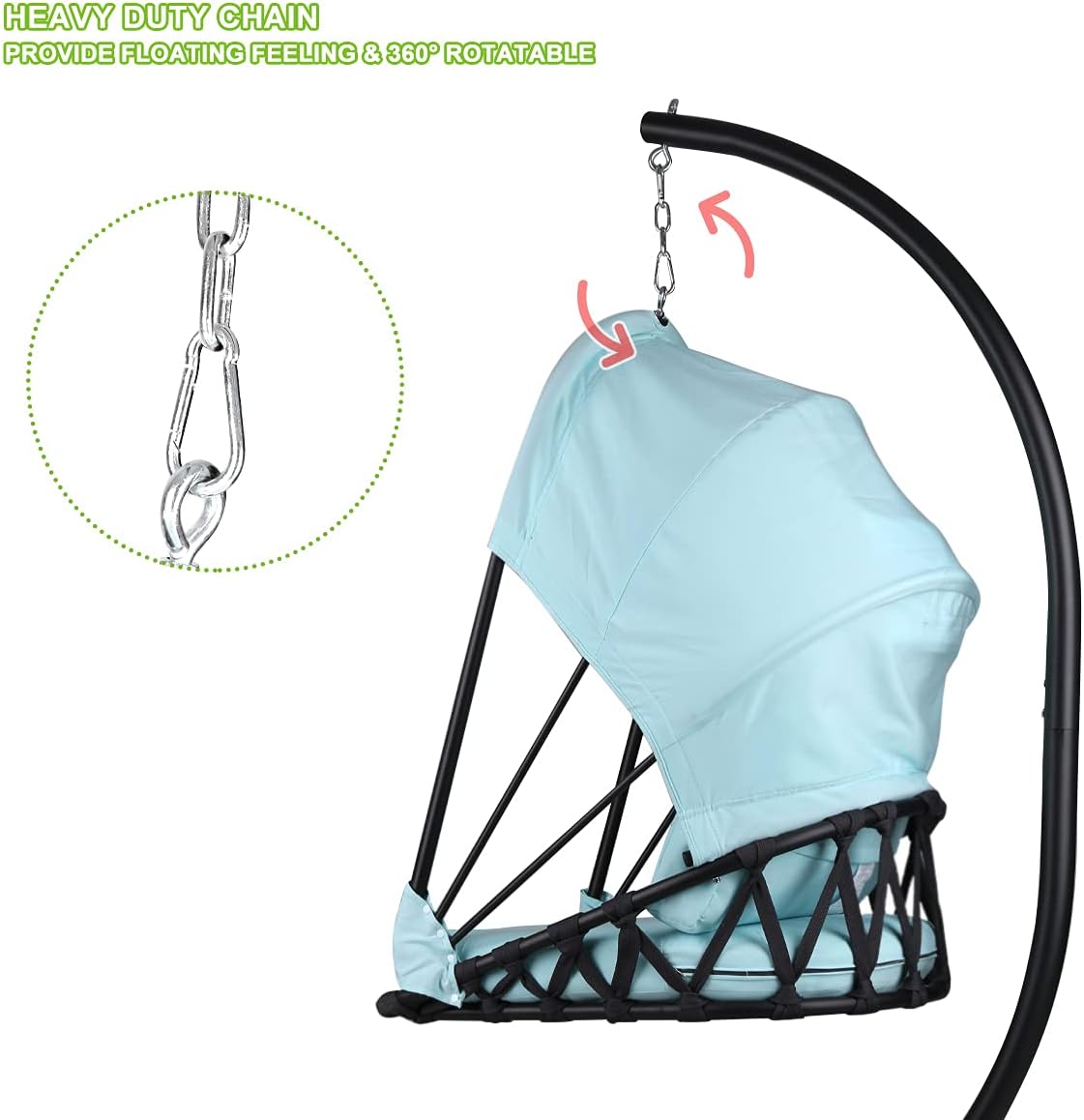 Foldable Hanging Chair Swing Hammock Egg Chair PE Rattan Wicker Seat w/Padded Cushion Headrest Pillow Canopy for Outdoor, Indoor, Blue