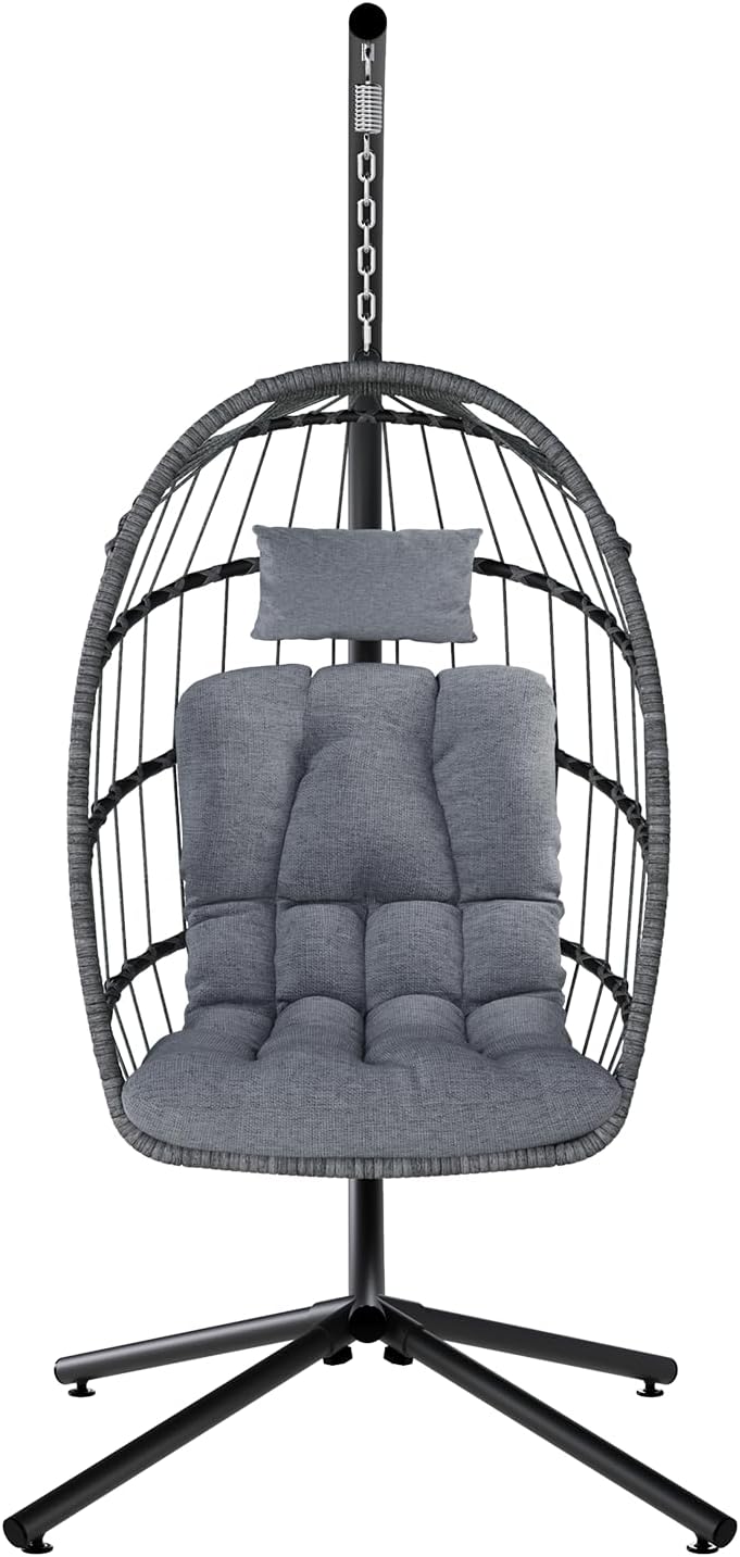 SWITTE Egg Chair Outdoor with Stand, Indoor Wicker Hanging Egg Swing Chair with Cushion, 350lbs Capacity for Patio, Bedroom, Garden - Light Grey
