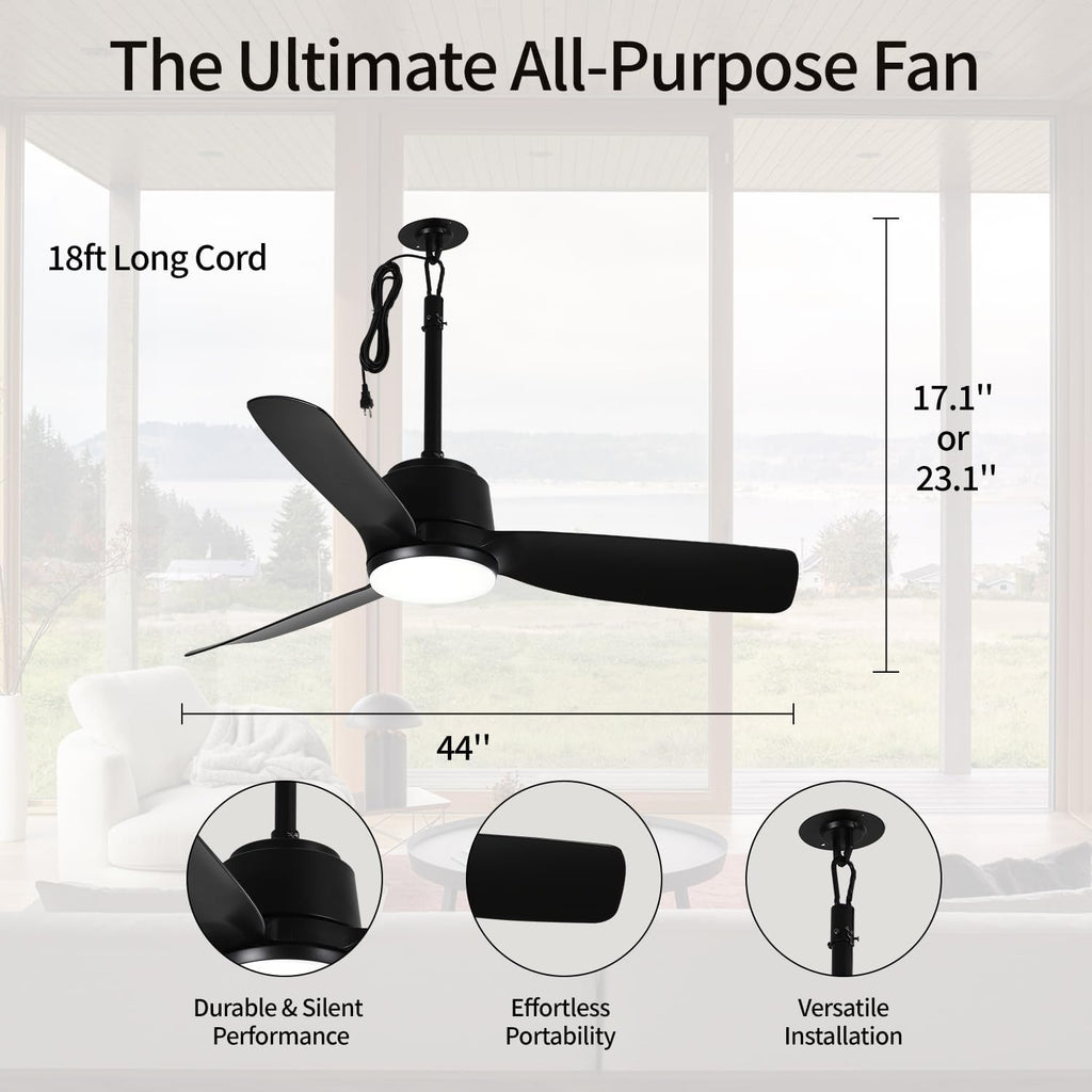 44'' Outdoor Ceiling Fan with Dimmable 3-Color LED Light, IP65 Waterproof for Patios Gazebos,Quiet DC Motor with 6 Speeds and Reversible Function, Remote Control for Patios, Industrial Style