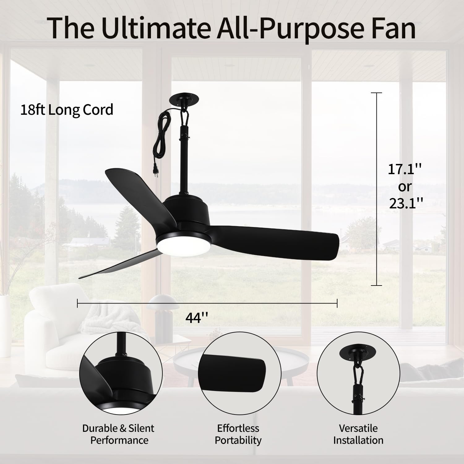 44'' Outdoor Ceiling Fan with Dimmable 3-Color LED Light, IP65 Waterproof for Patios Gazebos,Quiet DC Motor with 6 Speeds and Reversible Function, Remote Control for Patios, Industrial Style