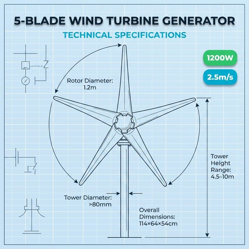 Wind Turbine Generator Kit, 1200W 5 Blade Wind Generators for Home, 12V 800RPM Power Kit with Controller, Windmill Generator for Solar&Wind System