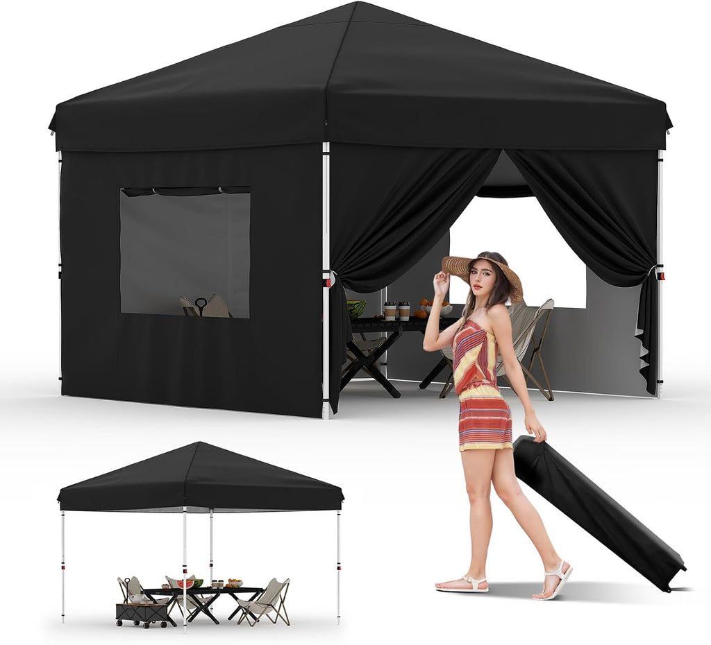 Garvee 10x10 Pop Up Canopy Tent with 4 Removable Sidewall, Heavy Duty Commercial Instant Shelter with One-Person Setup, UPF 50+ Waterproof, 100 Sq Ft Shade for Outdoor Events, Camping, Farmers Market