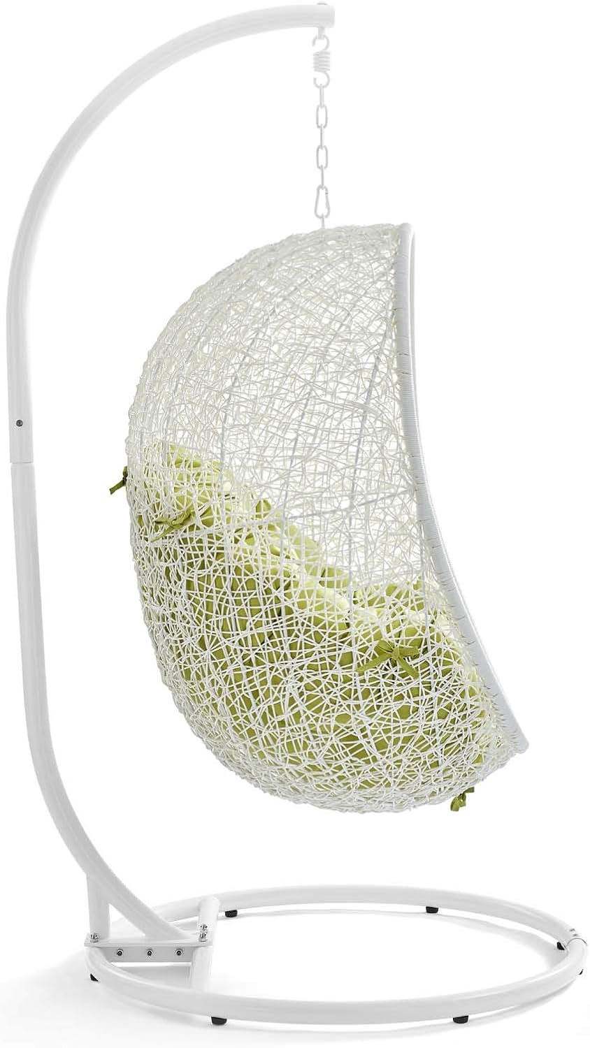 Modway Hide Wicker Rattan Outdoor Patio Porch Lounge Egg Swing Chair Set with Stand in White Peridot