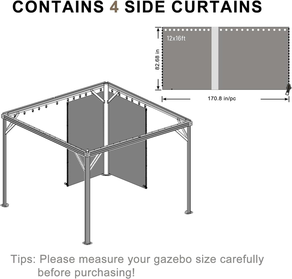 BPS 12' x 16' Gazebo Privacy Curtains with Double Zipper, 4-Panels Side Wall Universal Gazebo Side Panels Replacement for Patio, Outdoor Canopy, Garden and Backyard (Curtain Only)
