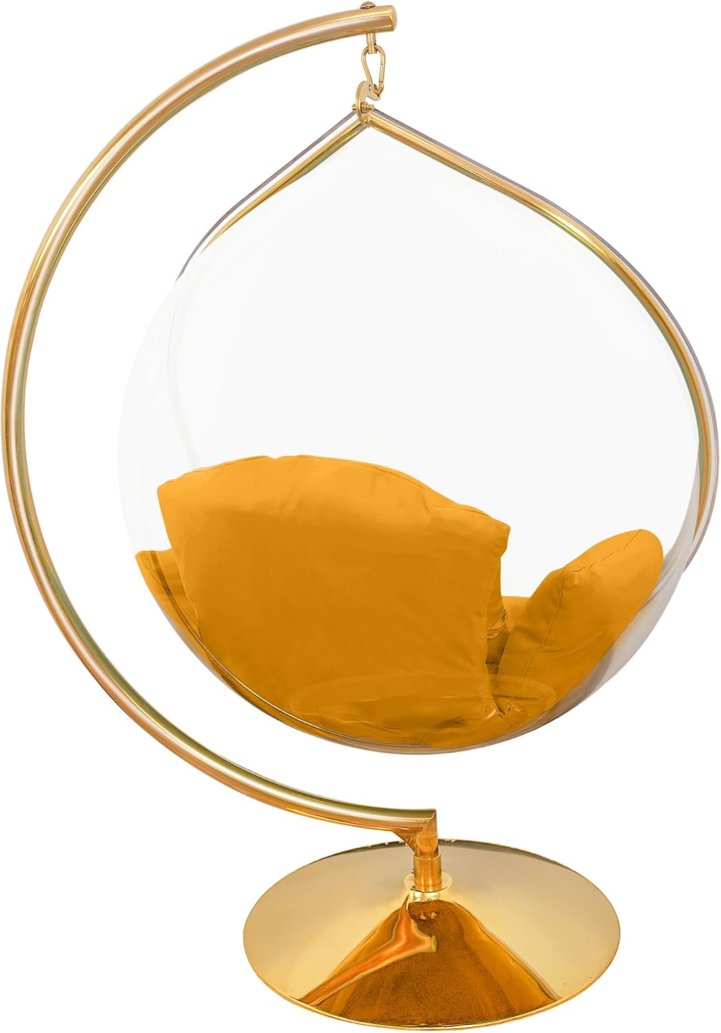 Hanging Chair - Transparent Acrylic Bubble, Waterdrop Shape, Indoor Swing Chair with Gold/Chrome Stand, Durable Fabric Cushion - Luxury Accent for Living Room, Bedroom (Gold/Yellow)